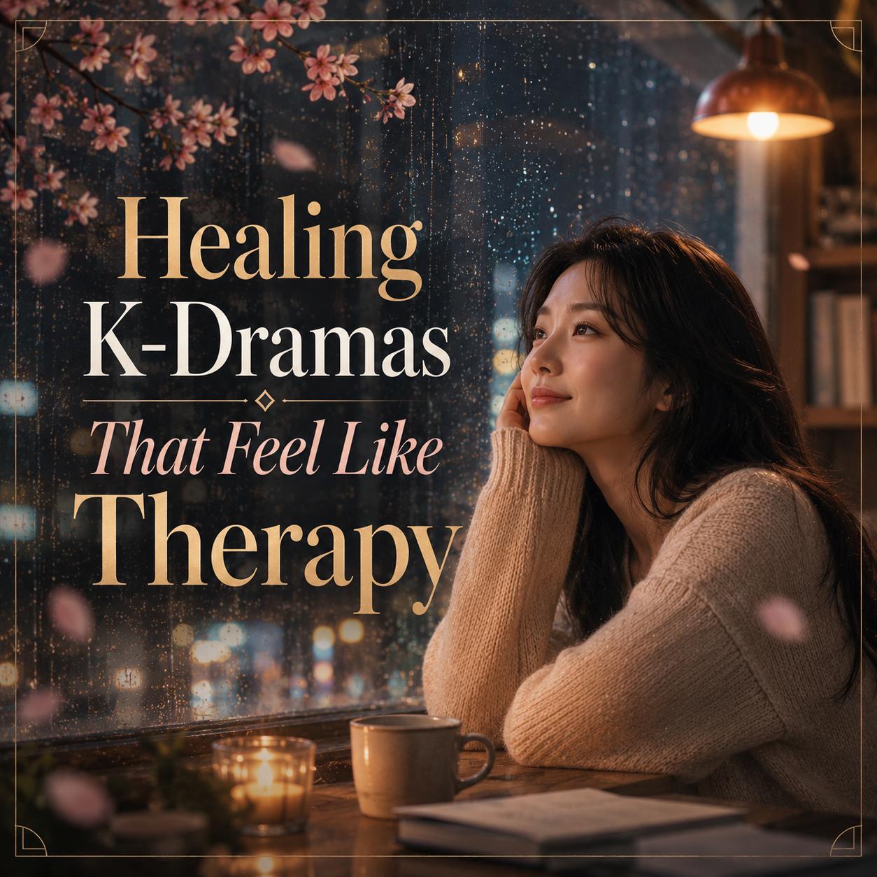 A woman sitting by a rain-streaked window with pink cherry blossoms, looking thoughtfully outside, with a journal, cup, and candle on the table, and a cityscape in the background. Overlaid text reads 'Healing K-Dramas That Feel Like Therapy.'