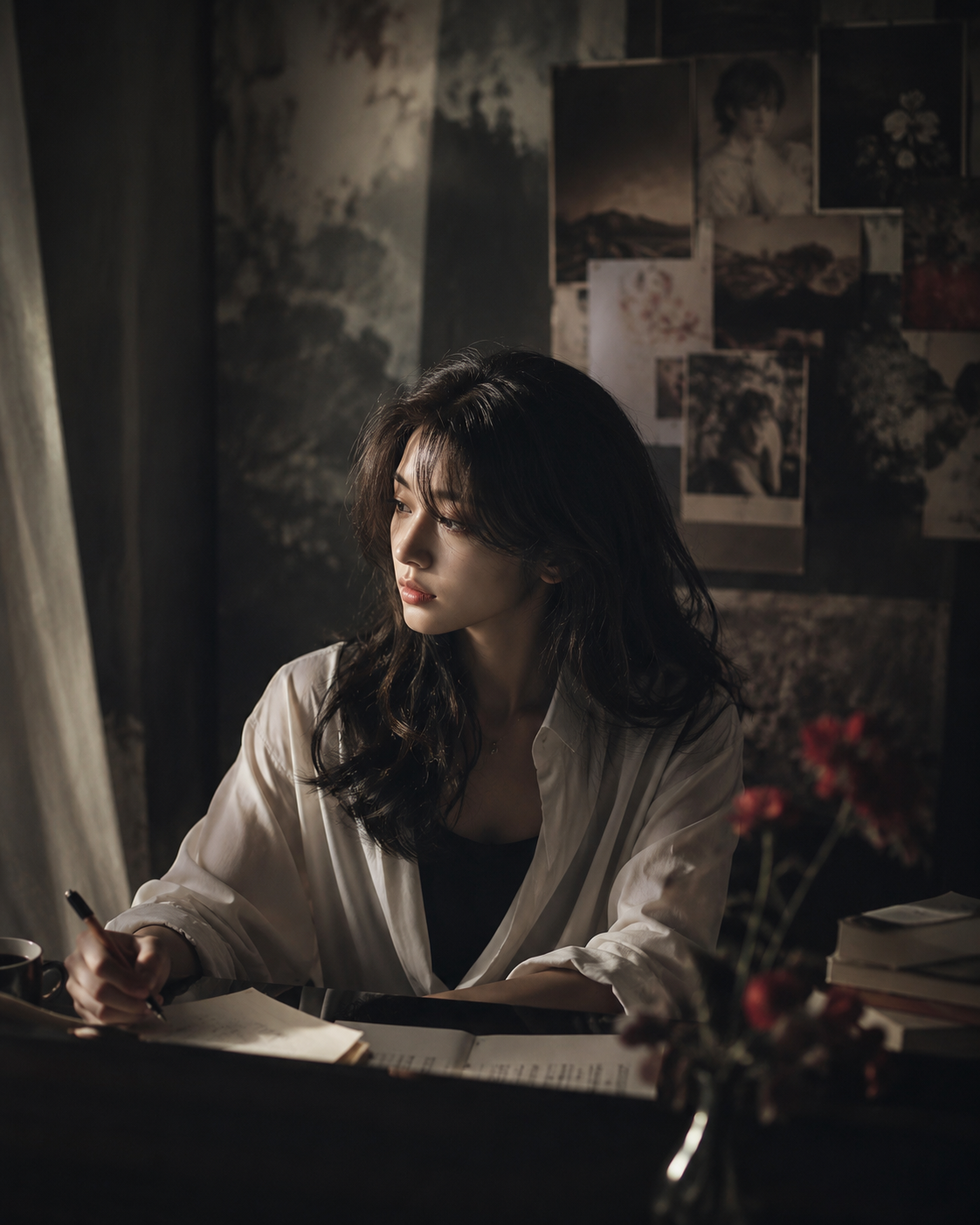 A woman with dark, wavy hair writing at a desk in a dimly lit room with photos and artwork on the wall behind her. Fir and a stack of books are also on her desk.