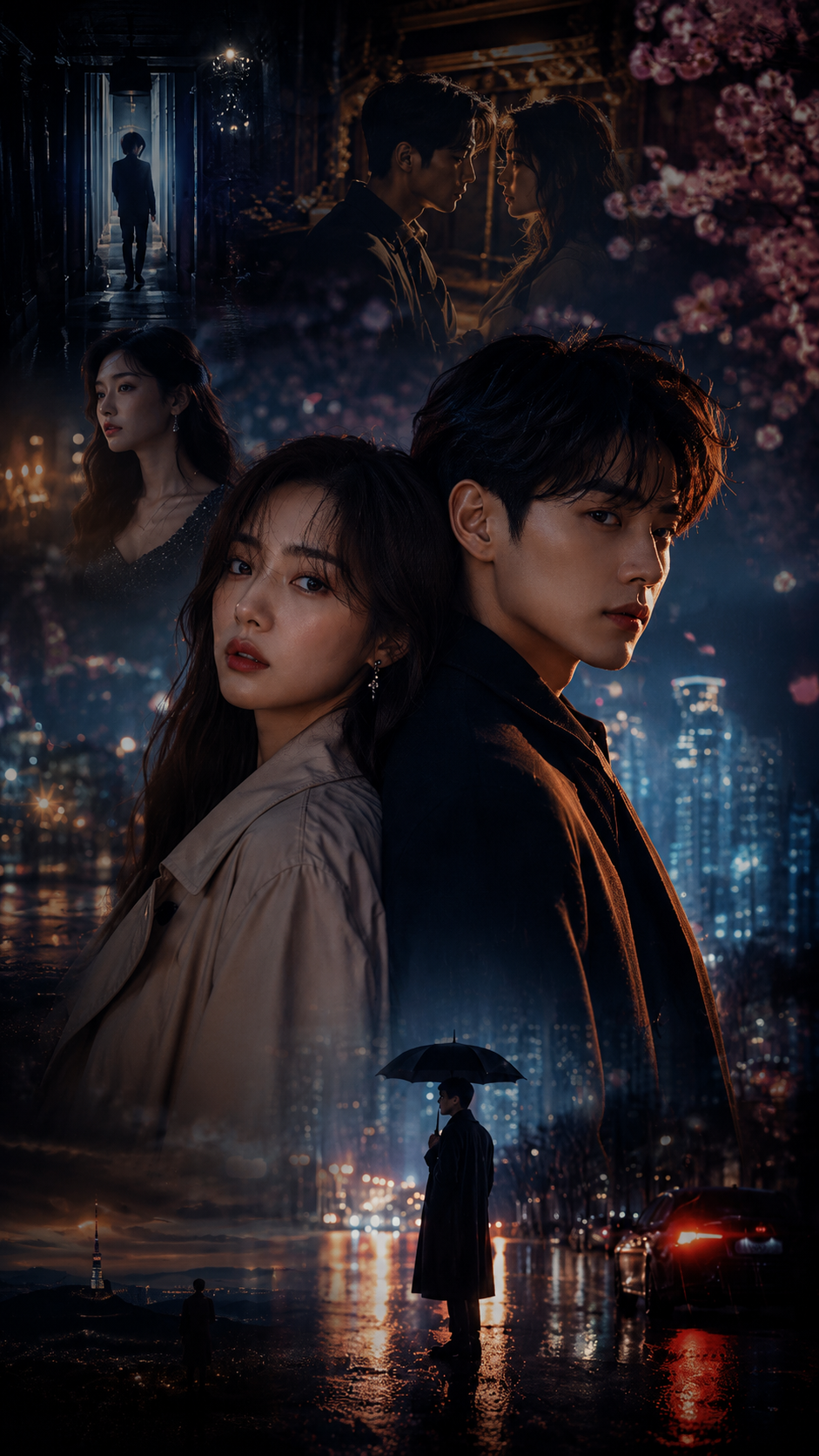 A collage of romantic and emotional scenes featuring a young man and woman, set against cityscapes, cherry blossoms, and nighttime backgrounds with rain and reflections.