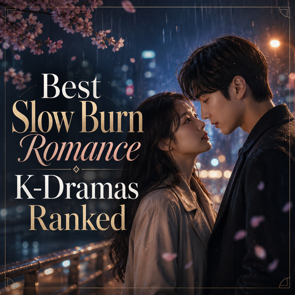 A romantic scene of a man and woman standing close together outdoors at night, with cherry blossoms and city lights in the background, for a K-drama titled 'Best Slow Burn Romance Ranked'.
