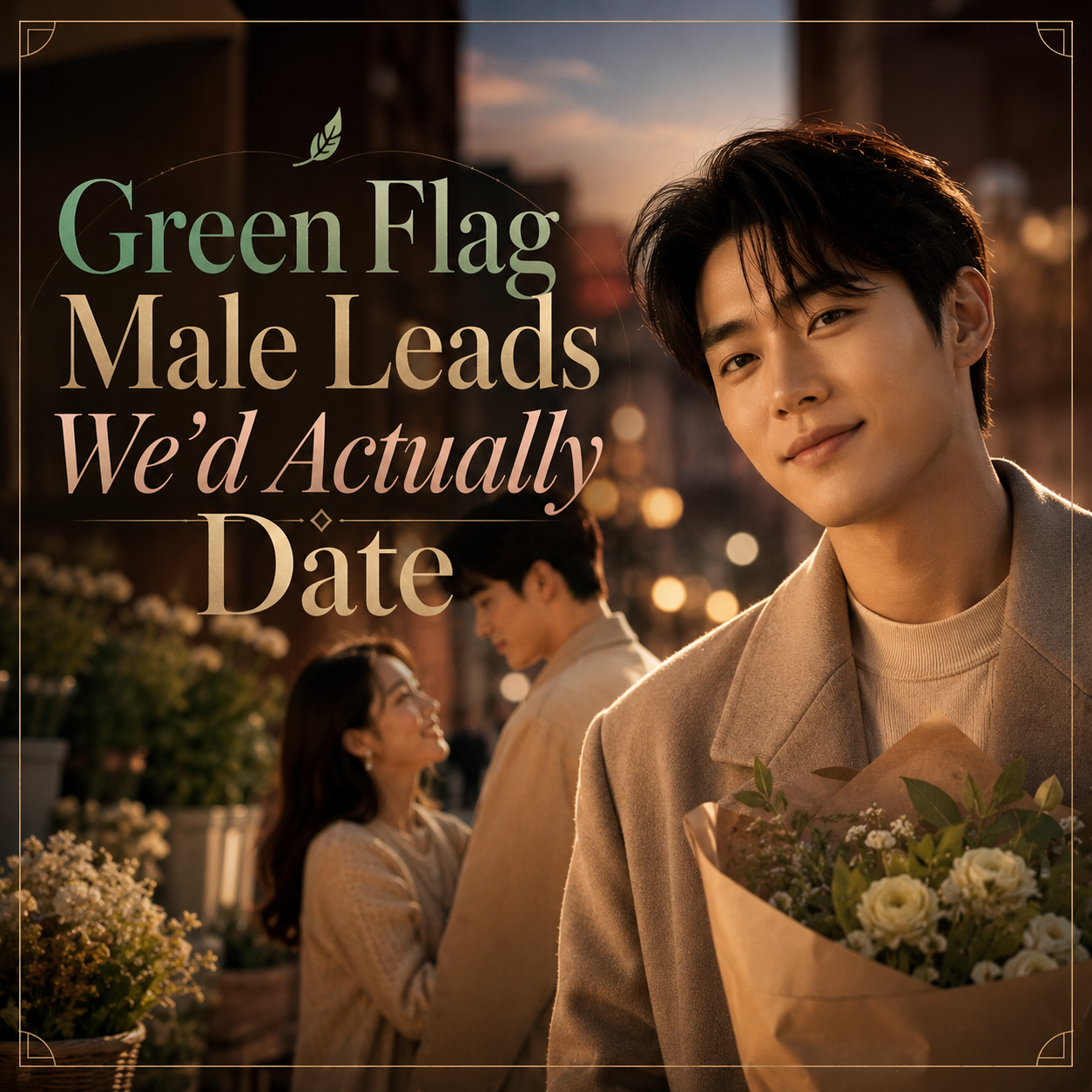 A young man holding a bouquet of flowers, standing on a city street during sunset, with a couple talking in the background surrounded by flower pots.