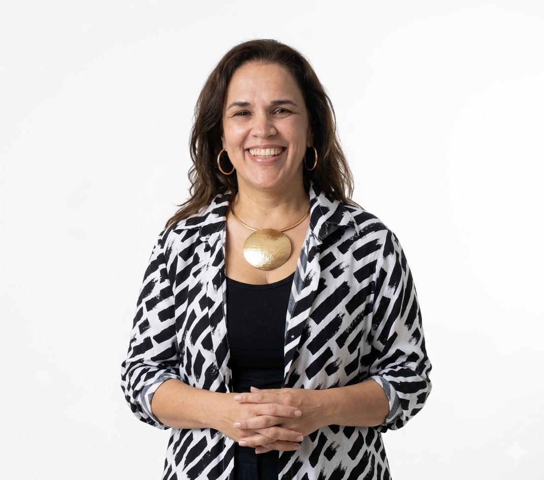 Mujer sonriendo, de cabello castaño y ondulado, usando aretes de aro y collar grande de oro, con blusa negra y chaqueta con patrón en blanco y negro, contra fondo blanco.