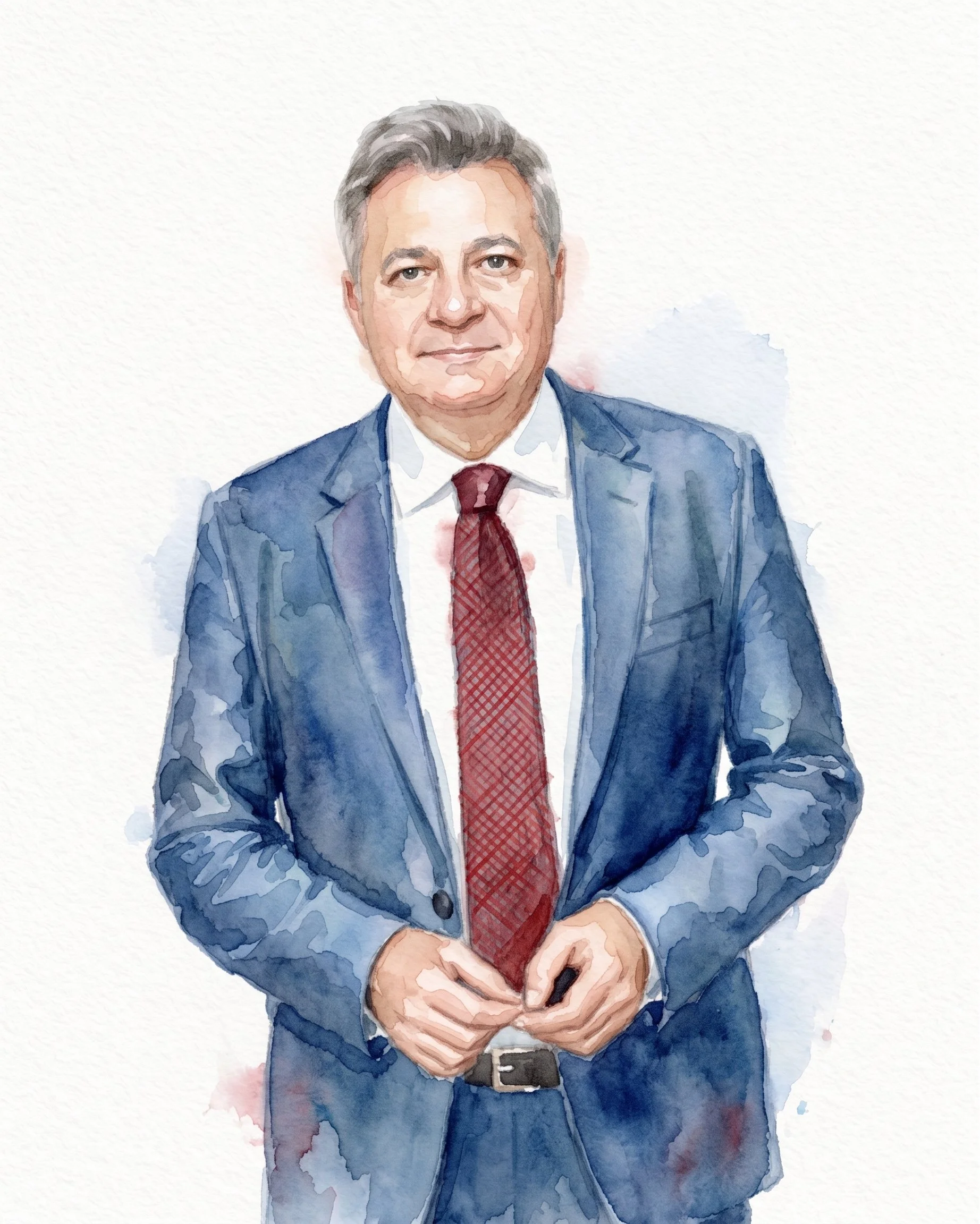 Hombre con cabello gris, vestido con saco azul y corbata roja, frente a un fondo gris claro.