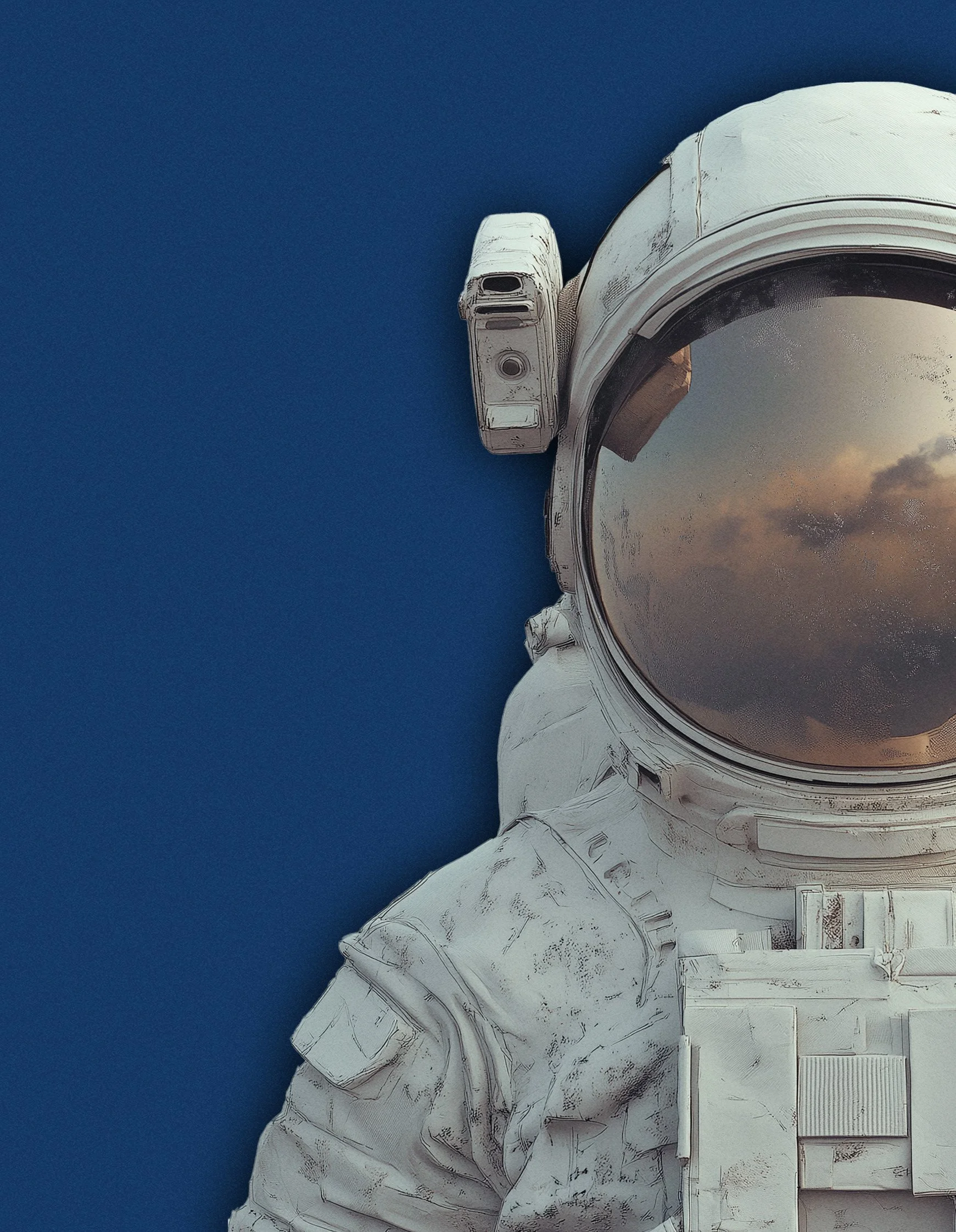 Dibujo de un astronauta con casco, en fondo azul, con reflejo del cielo en su visor