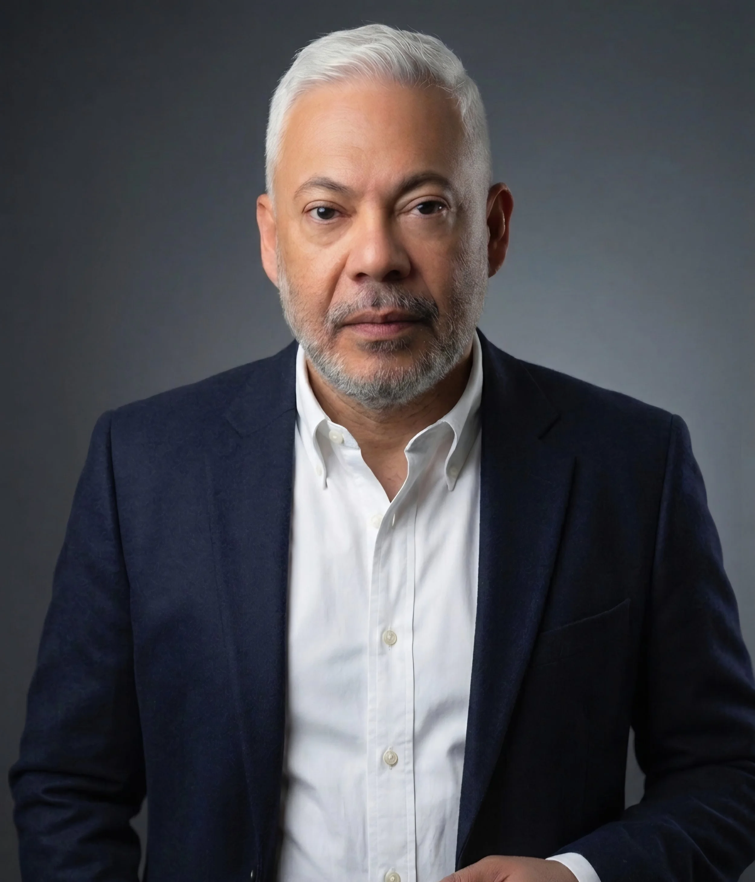 Retrato de un hombre mayor con cabello canoso, barba marcada, usando un saco oscuro y camisa blanca, con fondo gris oscuro.