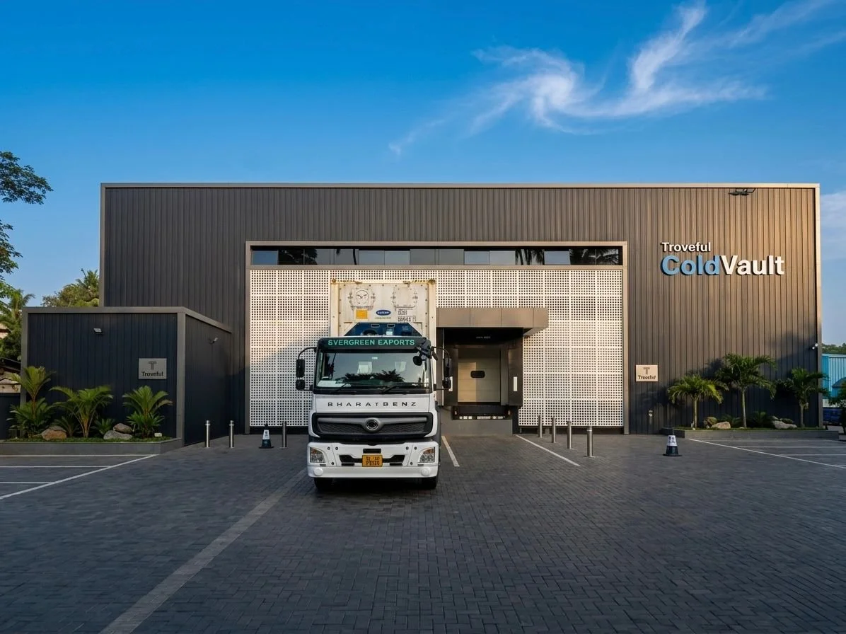 Front view of Trofeul Cold Vault, a modern industrial building with a truck parked in front. Cold storage facility exterior at Willingdon Island Kochi. Reefer truck loading dock at ColdVault Kochi.
