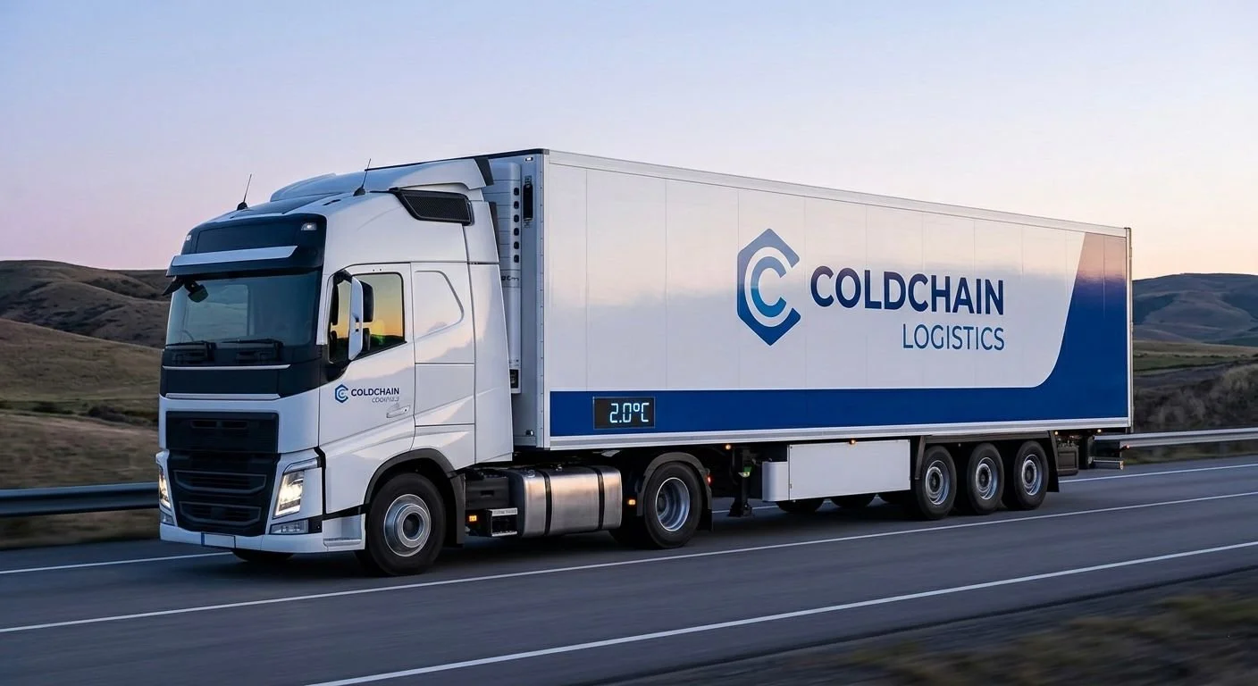 A large white refrigerated truck with Coldchain Logistics branding driving on a highway through a rural landscape at sunset.