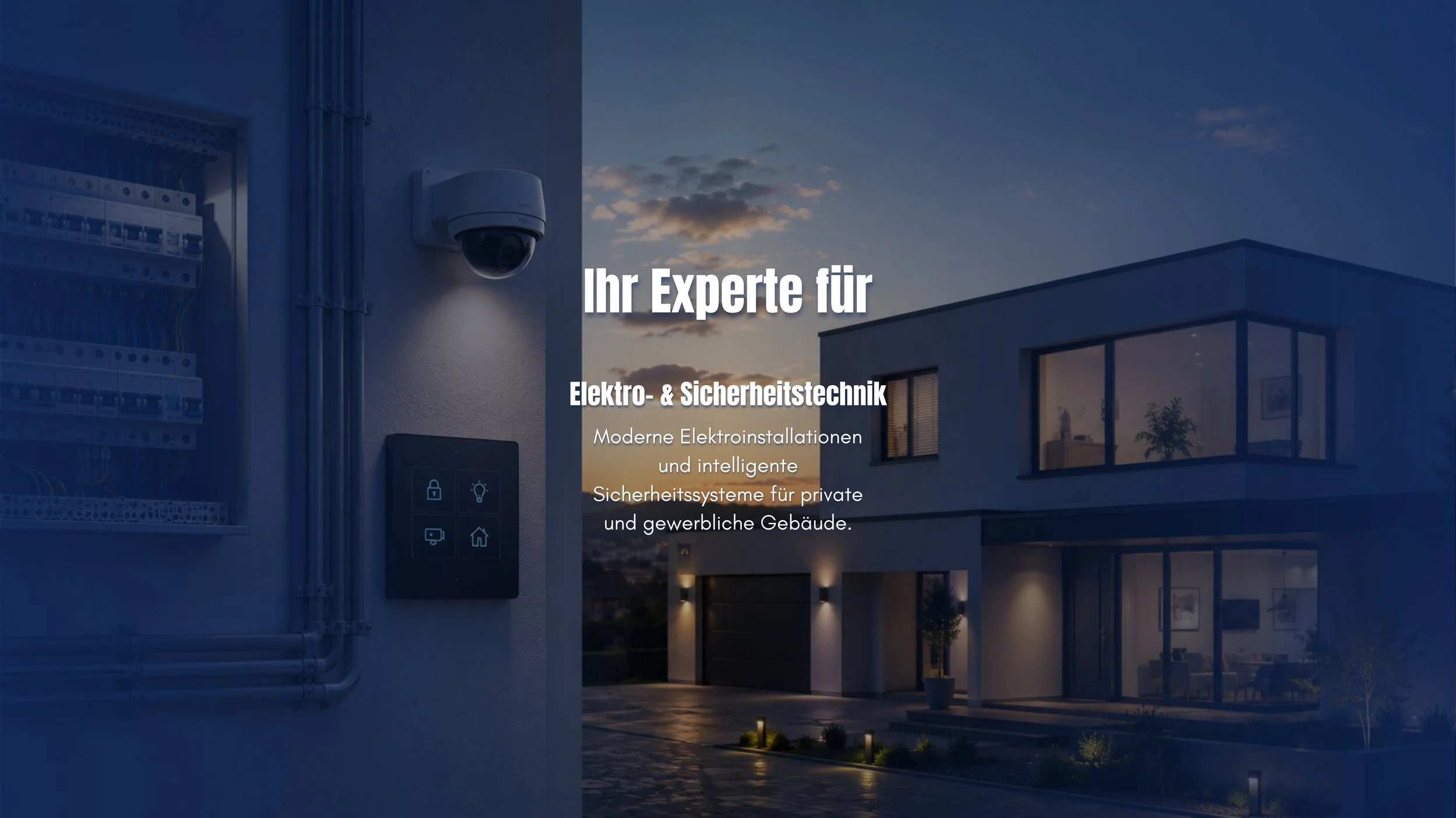 Moderne Hausfassade bei Sonnenuntergang mit Sicherheits- und Elektroinstallation, inklusive Überwachungskamera und Steuerungstafeln.