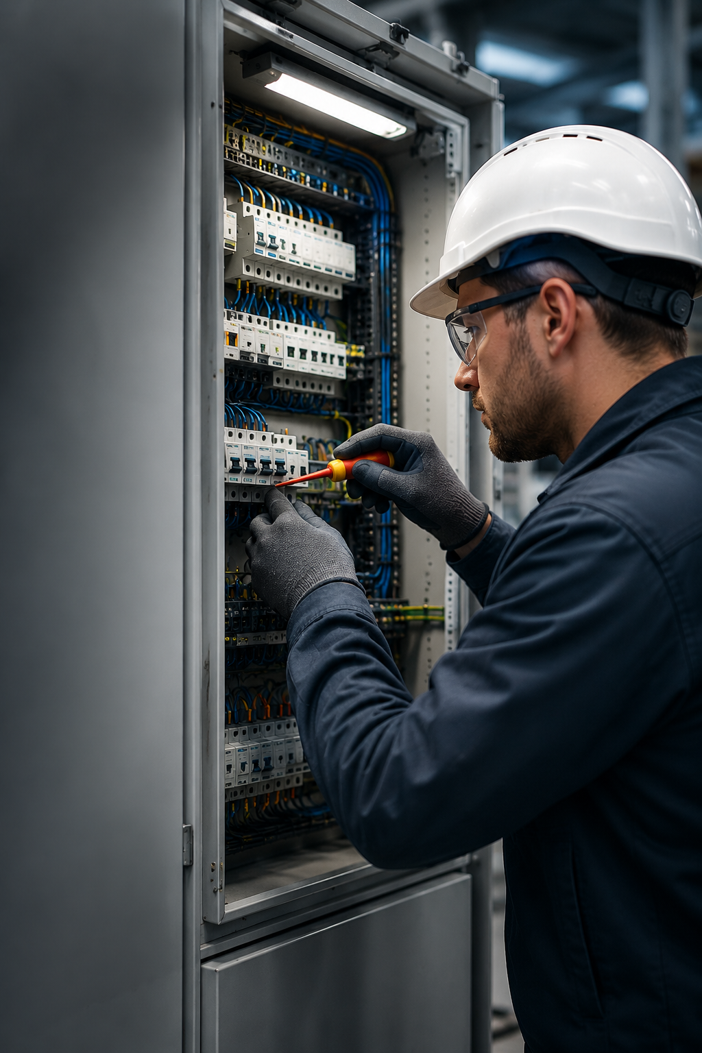 Techniker trägt Schutzhelm und Brille, arbeitet an einem elektrischen Schaltkasten mit einem Schraubenzieher.