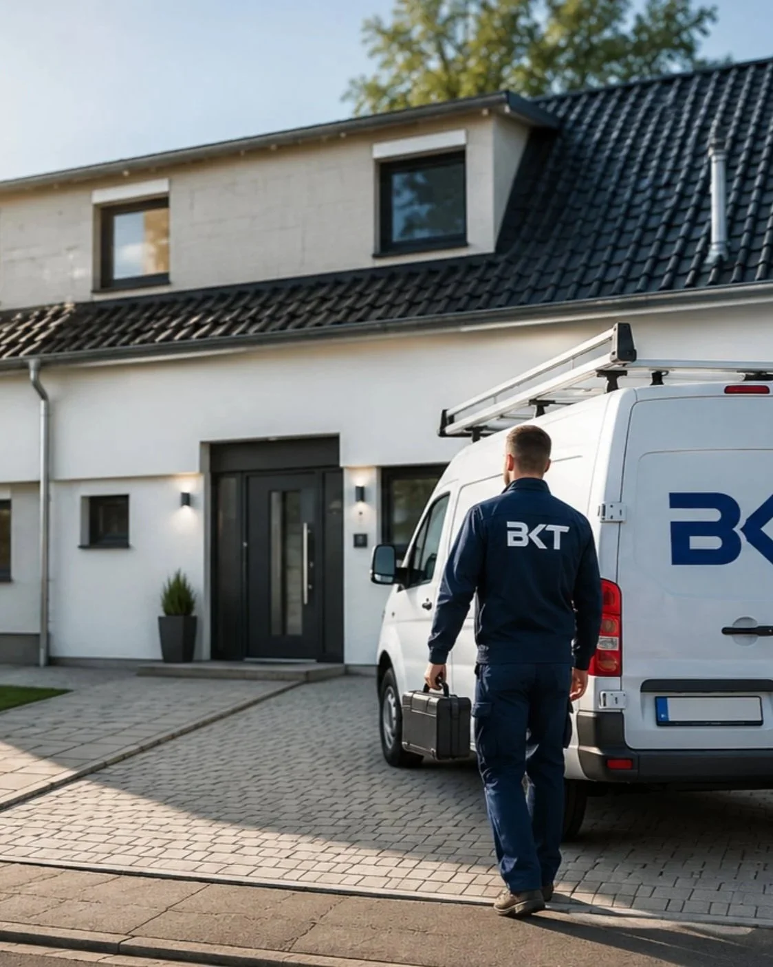 Ein Mann in Blaumann mit einem Werkzeugkoffer läuft auf einem gepflasterten Weg zu einem modernen Haus. Auf der Rückseite eines weißen Dienstwagens mit dem Logo 'BKT' steht. Das Haus hat eine dunkle Eingangstür und zwei Fenster, umgeben von kleinen Pflanzgefäßen mit Pflanzen.