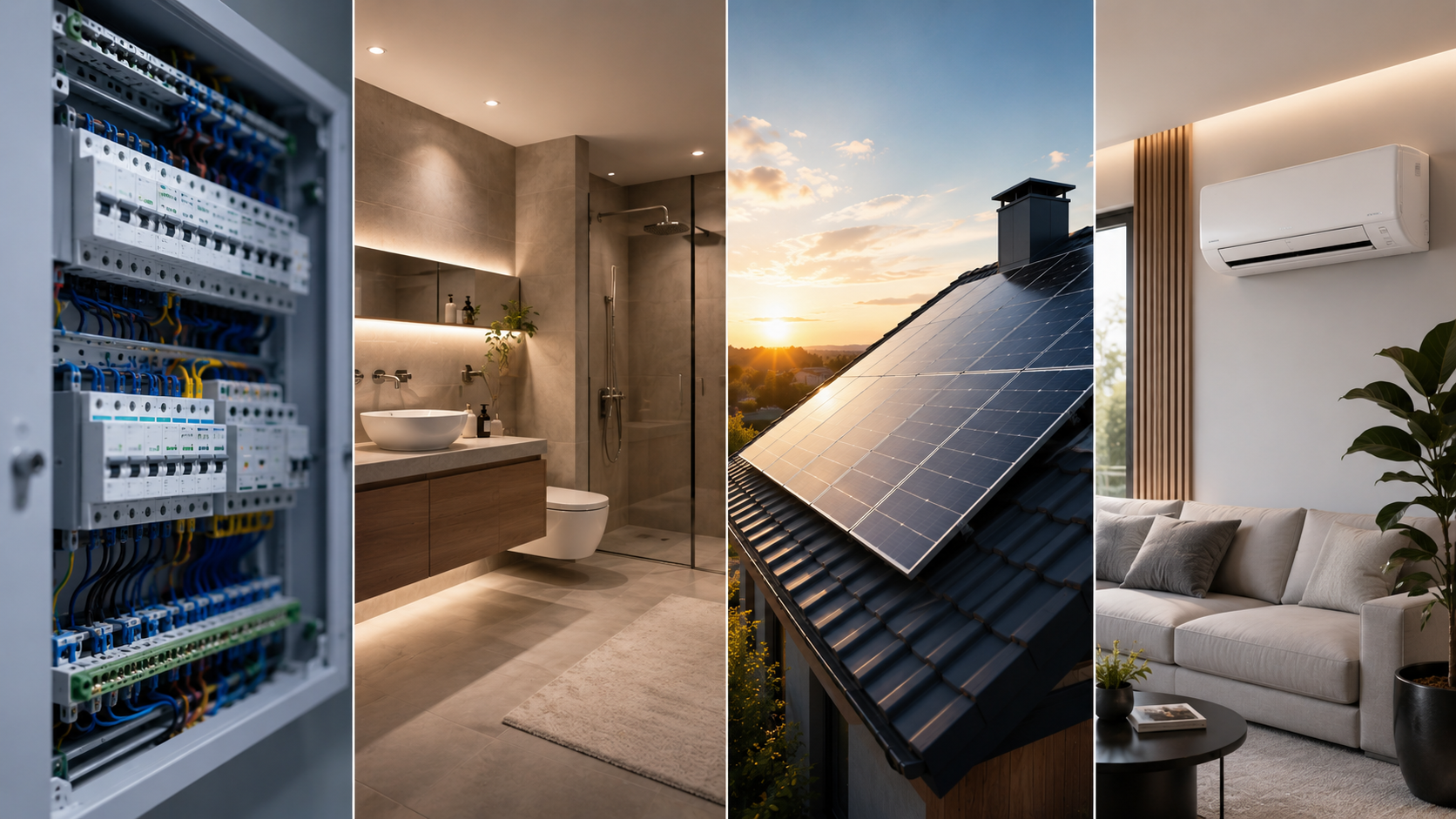 Bilder eines Hauses mit technischen, Badezimmer, Solaranlage auf dem Dach und Wohnraum mit Klimaanlage.