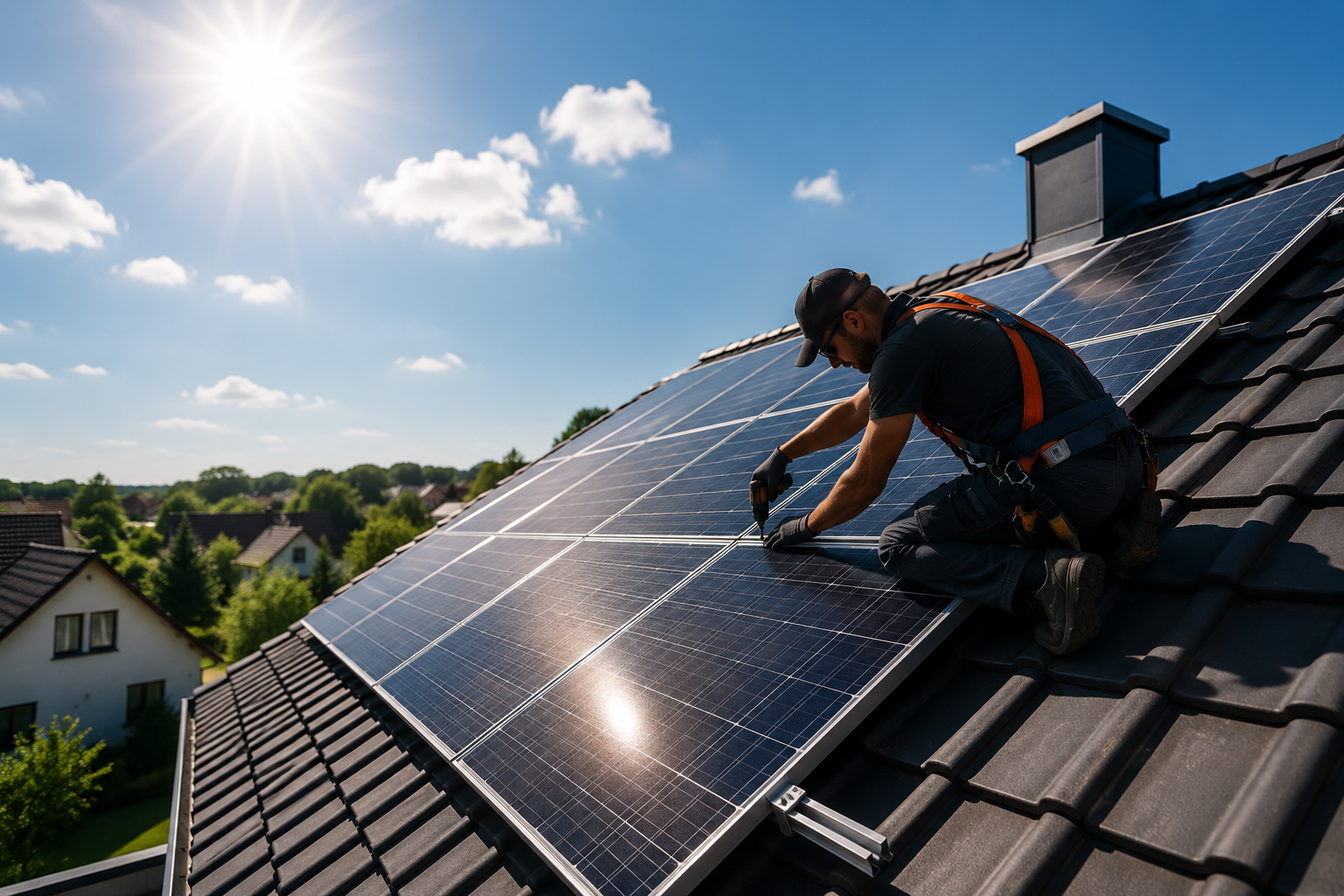 Ein Handwerker installiert Solarpanel auf einem Hausdach bei sonnigem Wetter.