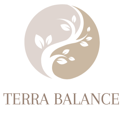 A stylized black and white yin-yang symbol with a tree and leaves inside, and the words 'TERRA BALANCE' below.