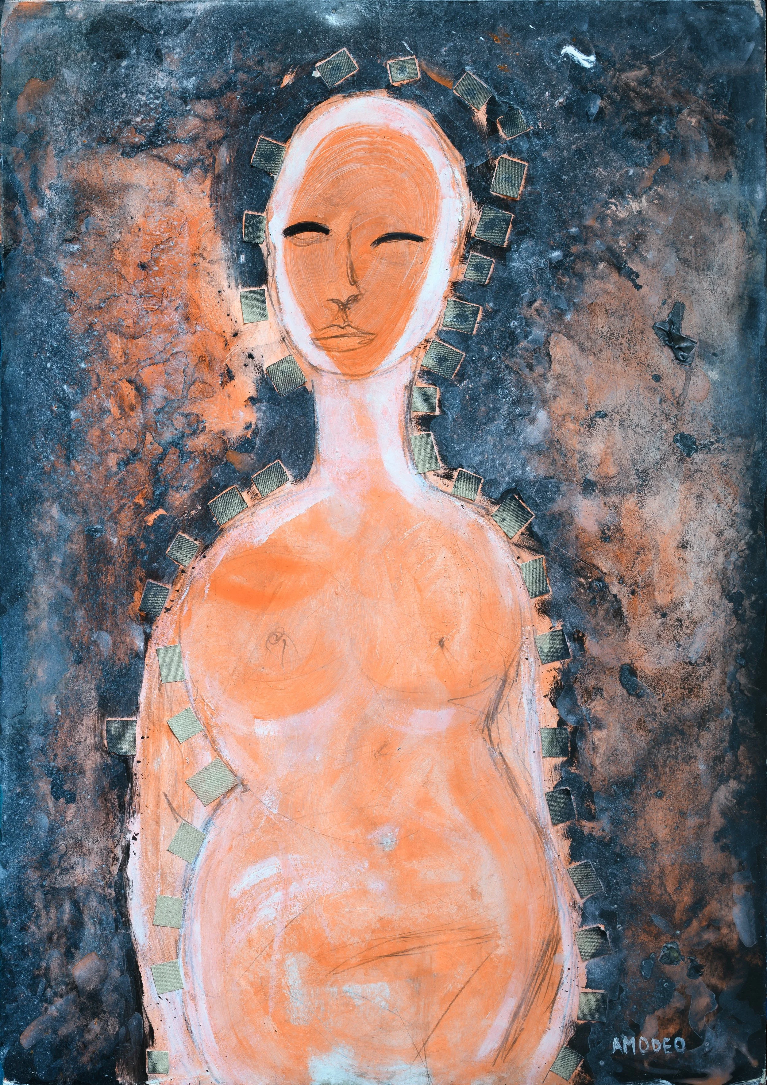  La grande madre 
tecnica mista su cartone e tela, 100 x 70 cm, 2018
