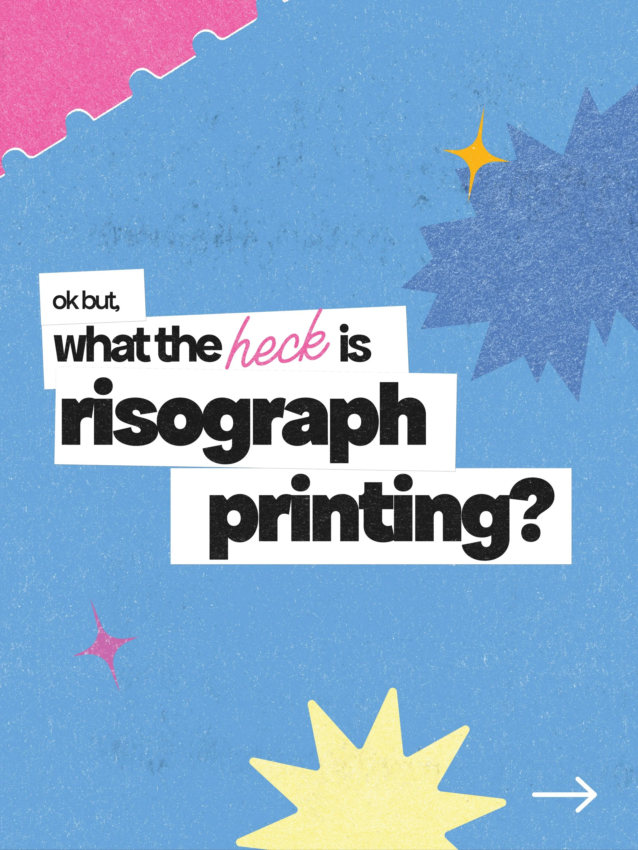 Okay, but what the heck actually is Riso??

Basically, it&rsquo;s what would happen if a photocopier and screen printer had a very colourful, slightly wonky baby.

Each colour is printed separately, so every print ends up with its own little quirks, 