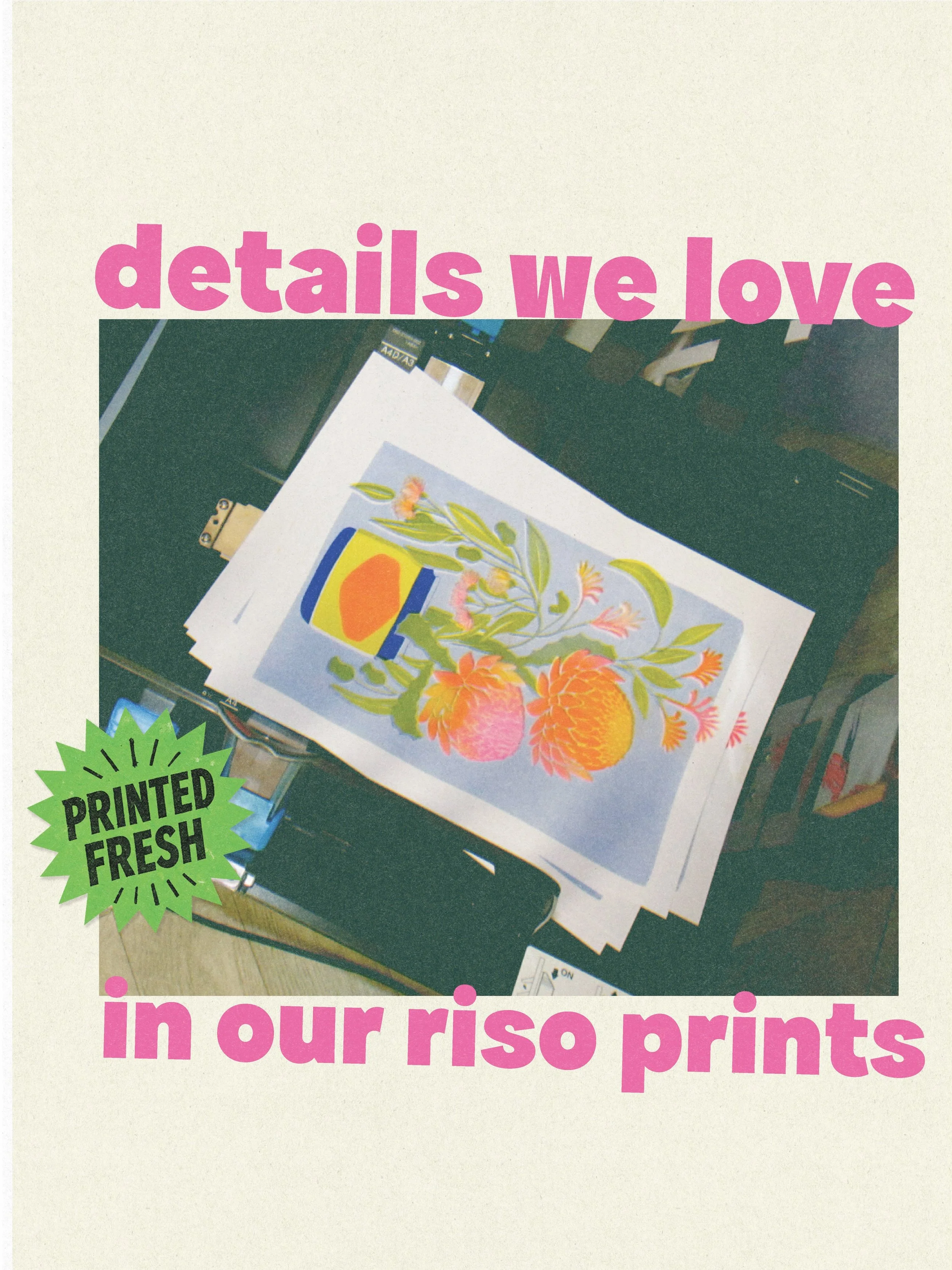 A closer look at what makes Risographed prints so special 👀

#perthsmallbiz #risograph 

Bright &amp; punchy colours that are even better in person! 

Blue + yellow + Fluro pink = a rainbow! 

Slightly out of line but always full of character

The b