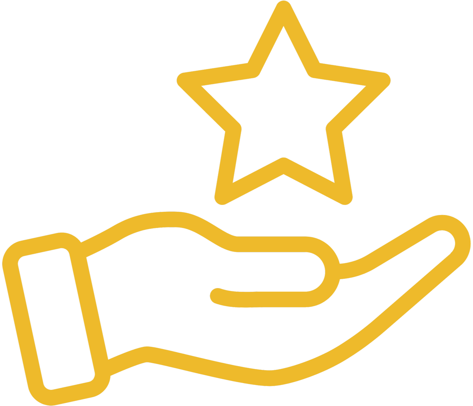 Line drawing of a hand holding a star-shaped medal or award.