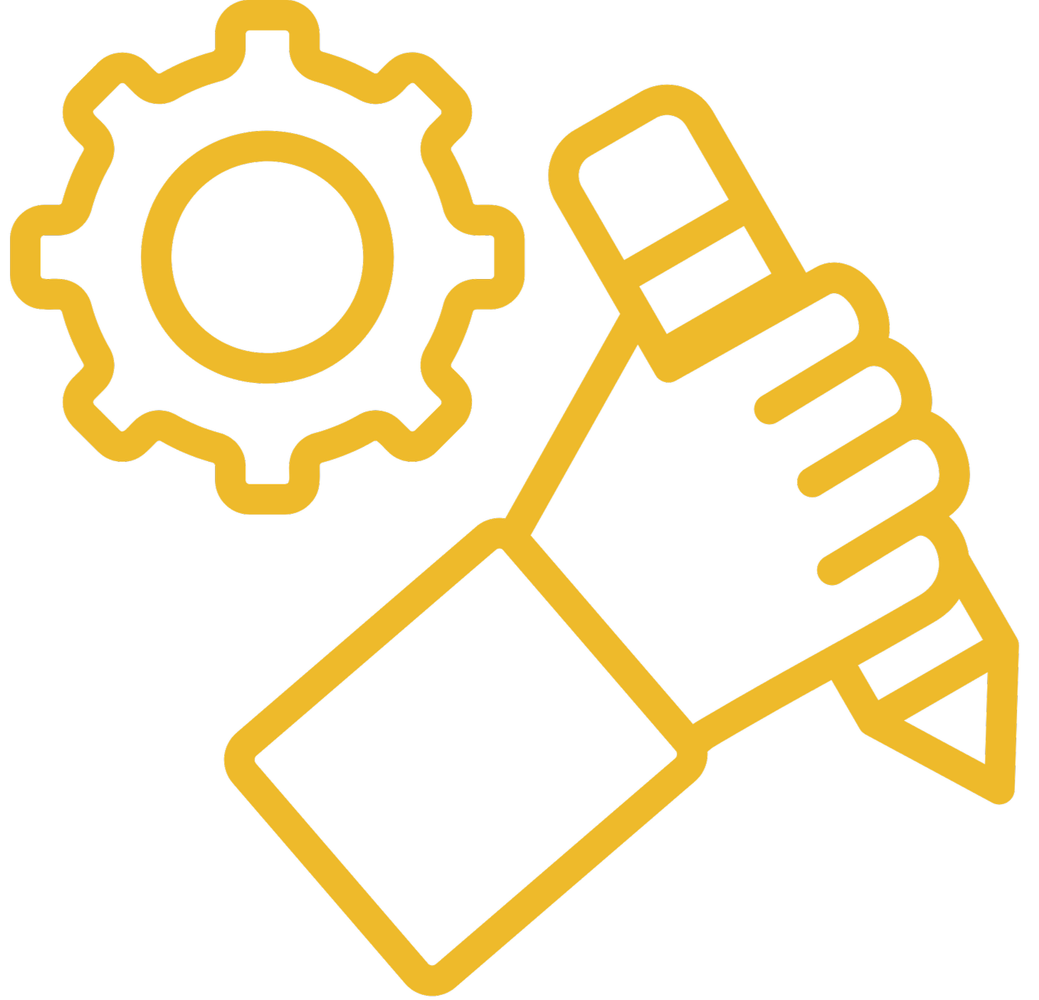 Outline drawing of a hand holding a paintbrush and a gear symbol, all in yellow