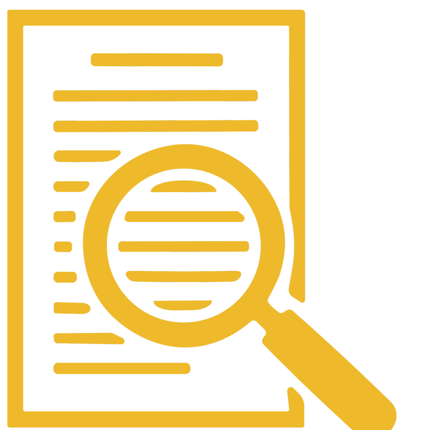 Icon of a magnifying glass examining a document or report with horizontal lines and a circular seal or stamp.