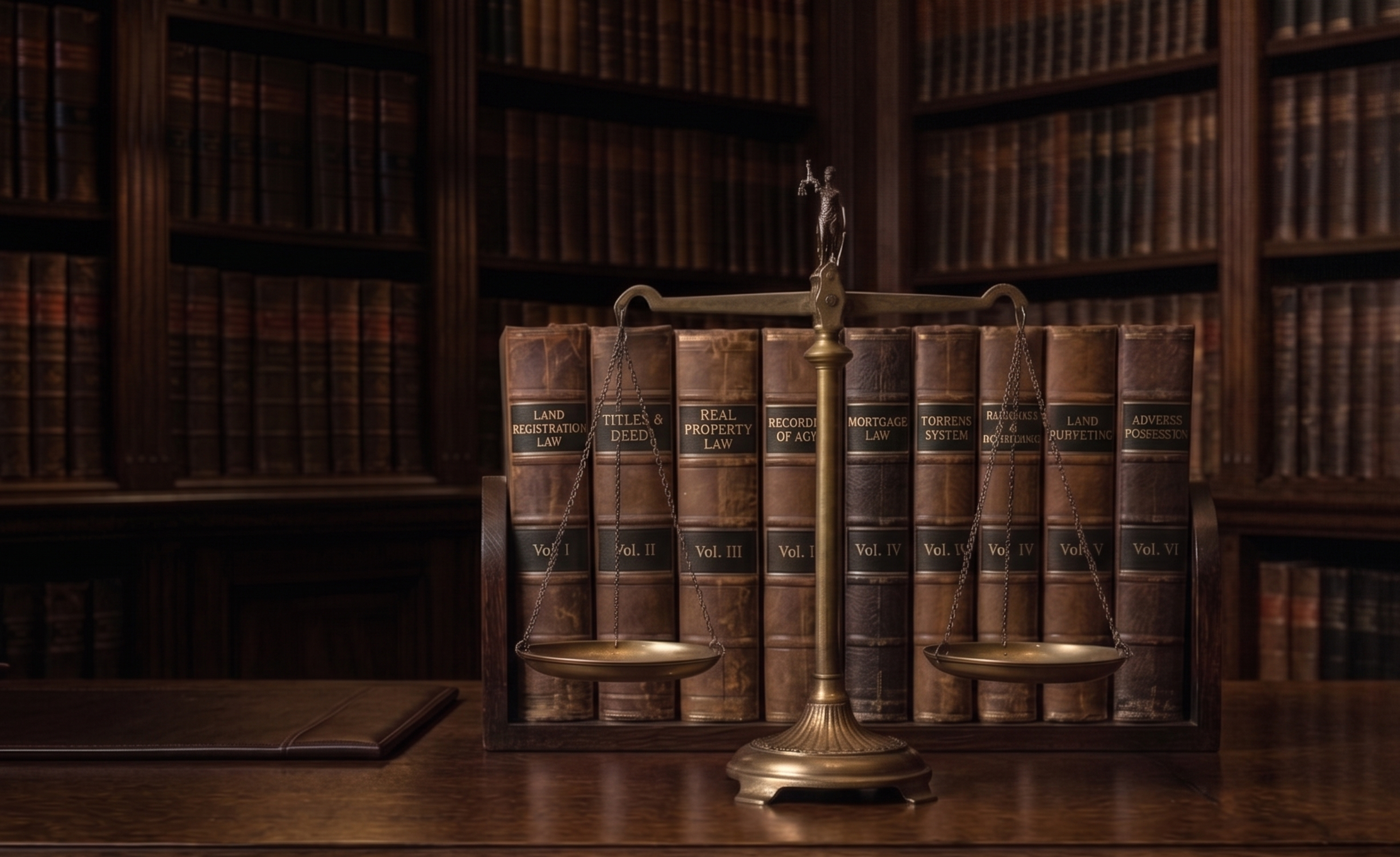 A set of legal books on a bookshelf with a brass balance scale in front of them.