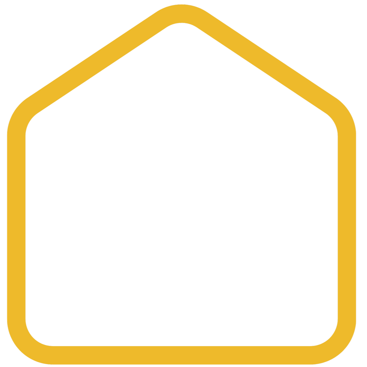 A black house-shaped icon with a yellow outline.