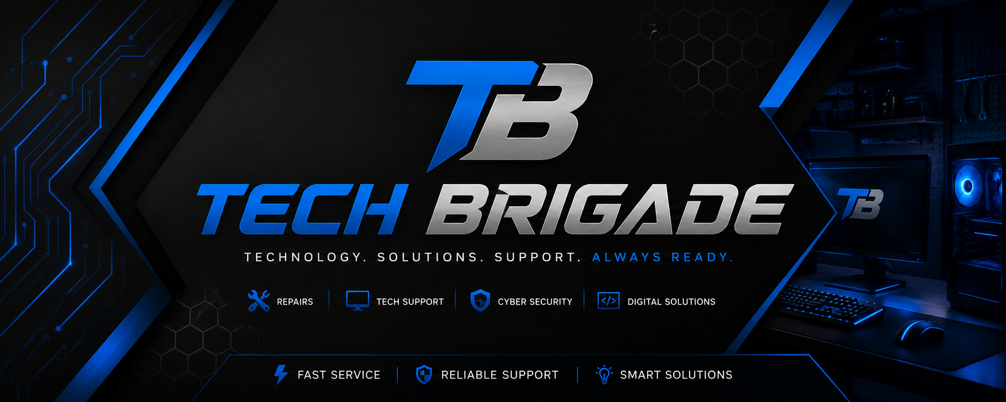 Digital graphic for Tech Brigade featuring a logo with 'T3' and 'TB', blue and silver text on a dark background with technology-themed graphics, including computer hardware and icons for repairs, tech support, cybersecurity, digital solutions, and support services.