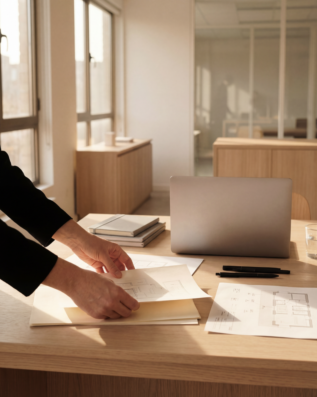 Personne manipulant des plans architecturaux sur un bureau ensoleillé avec un ordinateur portable, des livres, des stylos et un verre d'eau.
