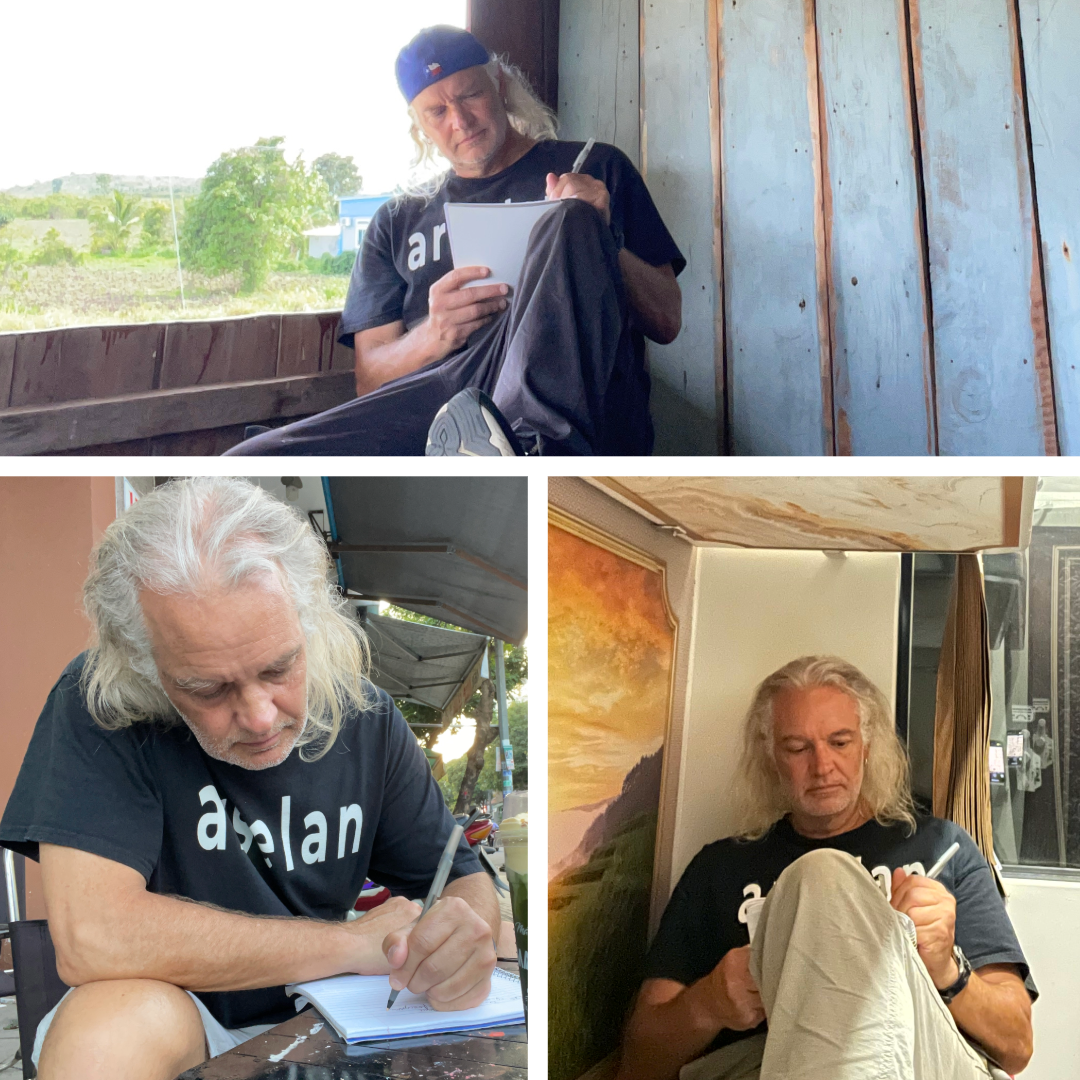 Author JT Shull is seated in a house, cafe, and train, writing in a notebook with a pen.
