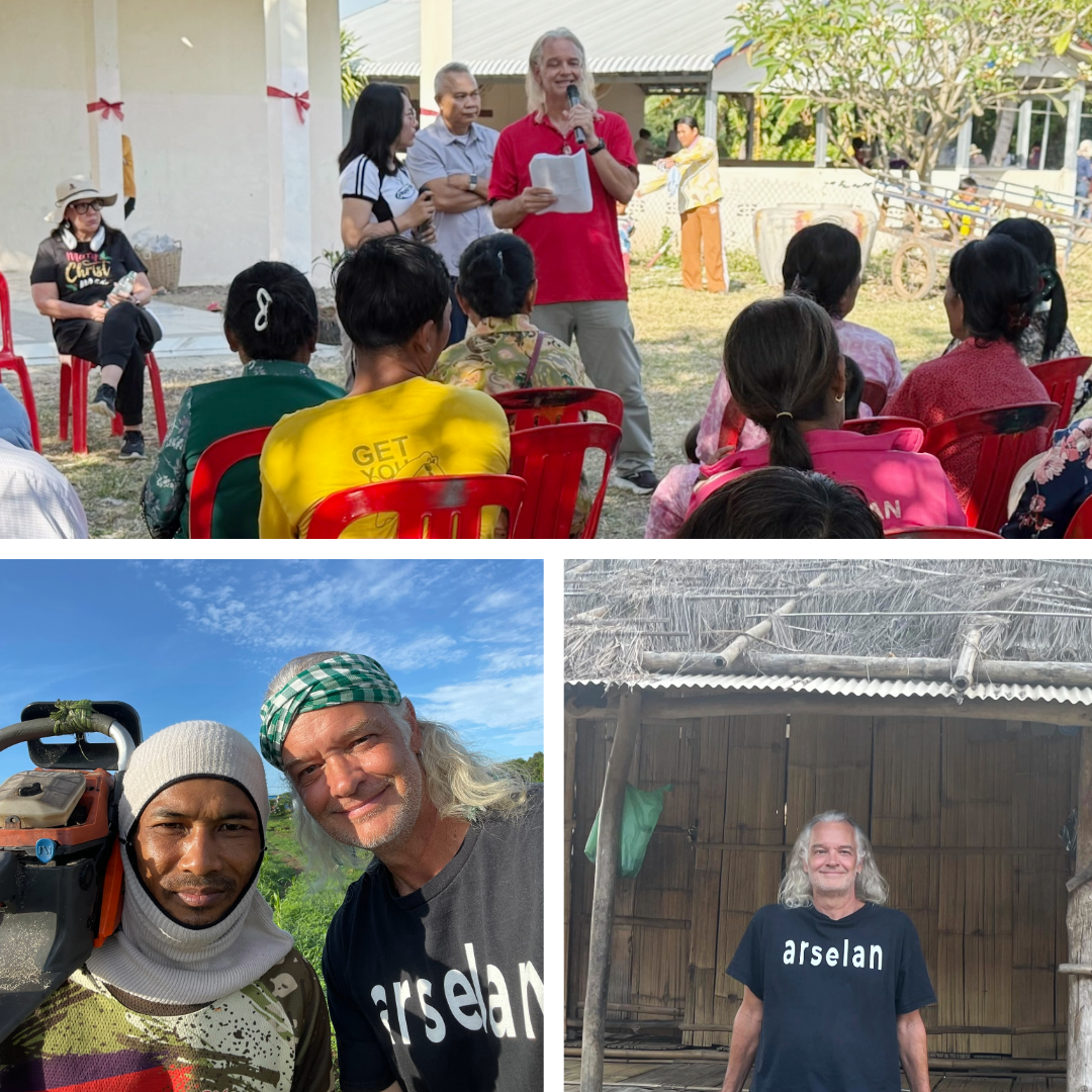 Traveler JT Shull talking to a group of people, standing in front of a hut, and standing next to a Cambodian man holding a chainsaw..