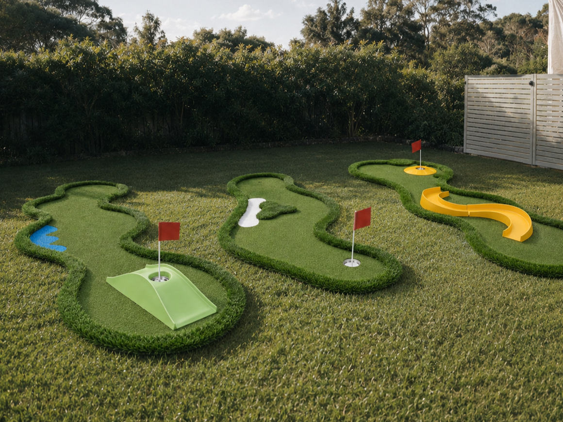 Miniature golf course with three holes, each marked with red flags, featuring miniature grass mounds, water hazards, and small yellow slides on a lush green lawn.