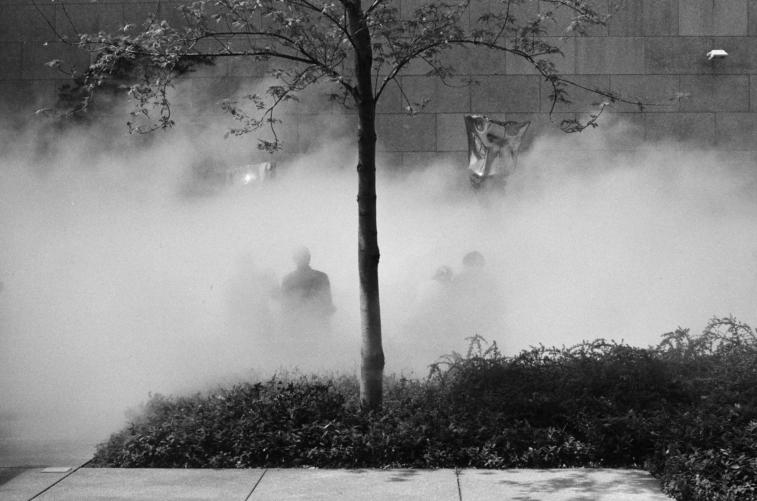 Silhouettes of visitors surrounded by fog created by Fujiko Nakaya in the sculpture garden. Neue Nationalgalerie, Berlin