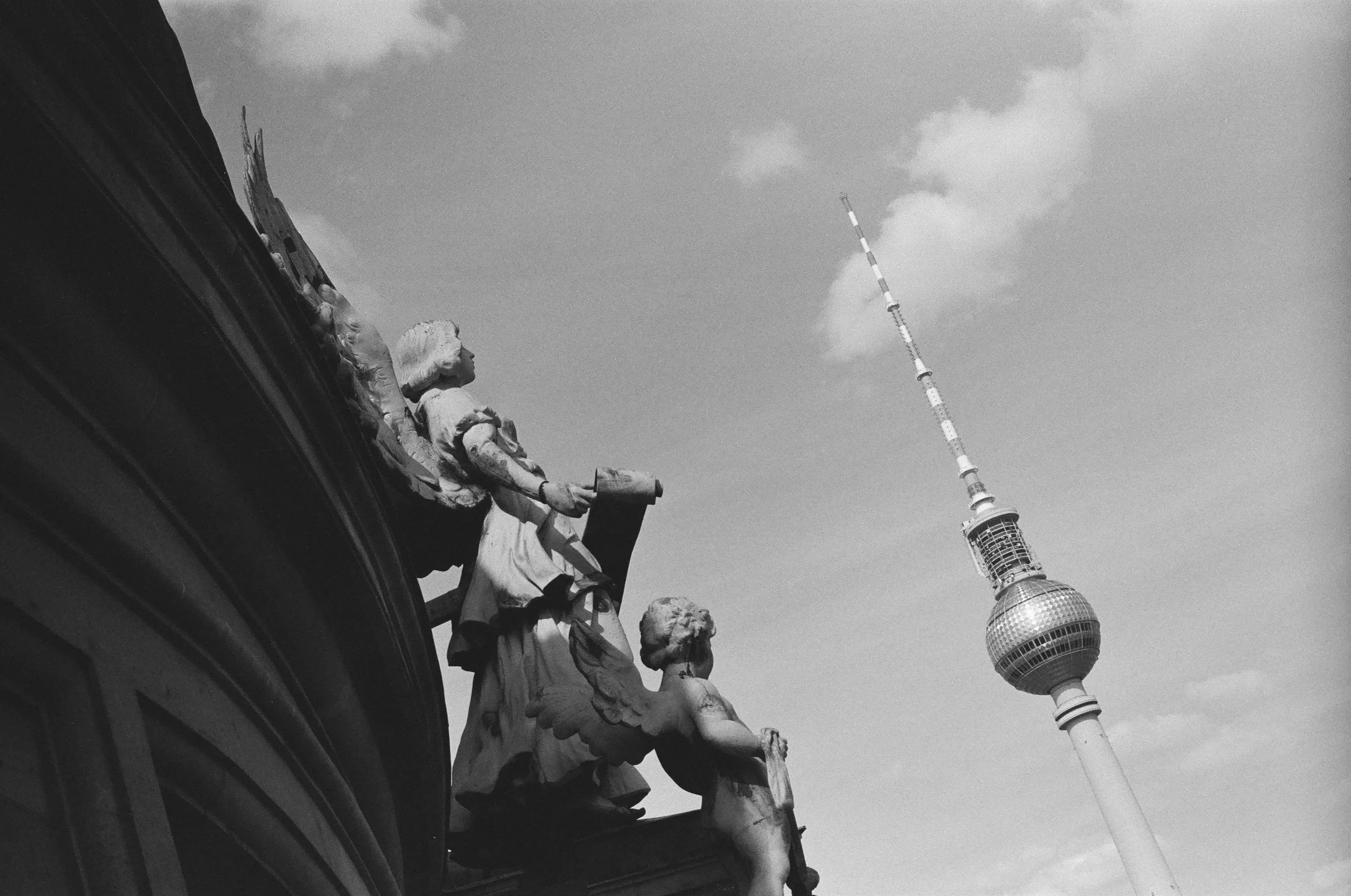 Berlin TV Tower seen from Dome historic architecture, black and white photography
