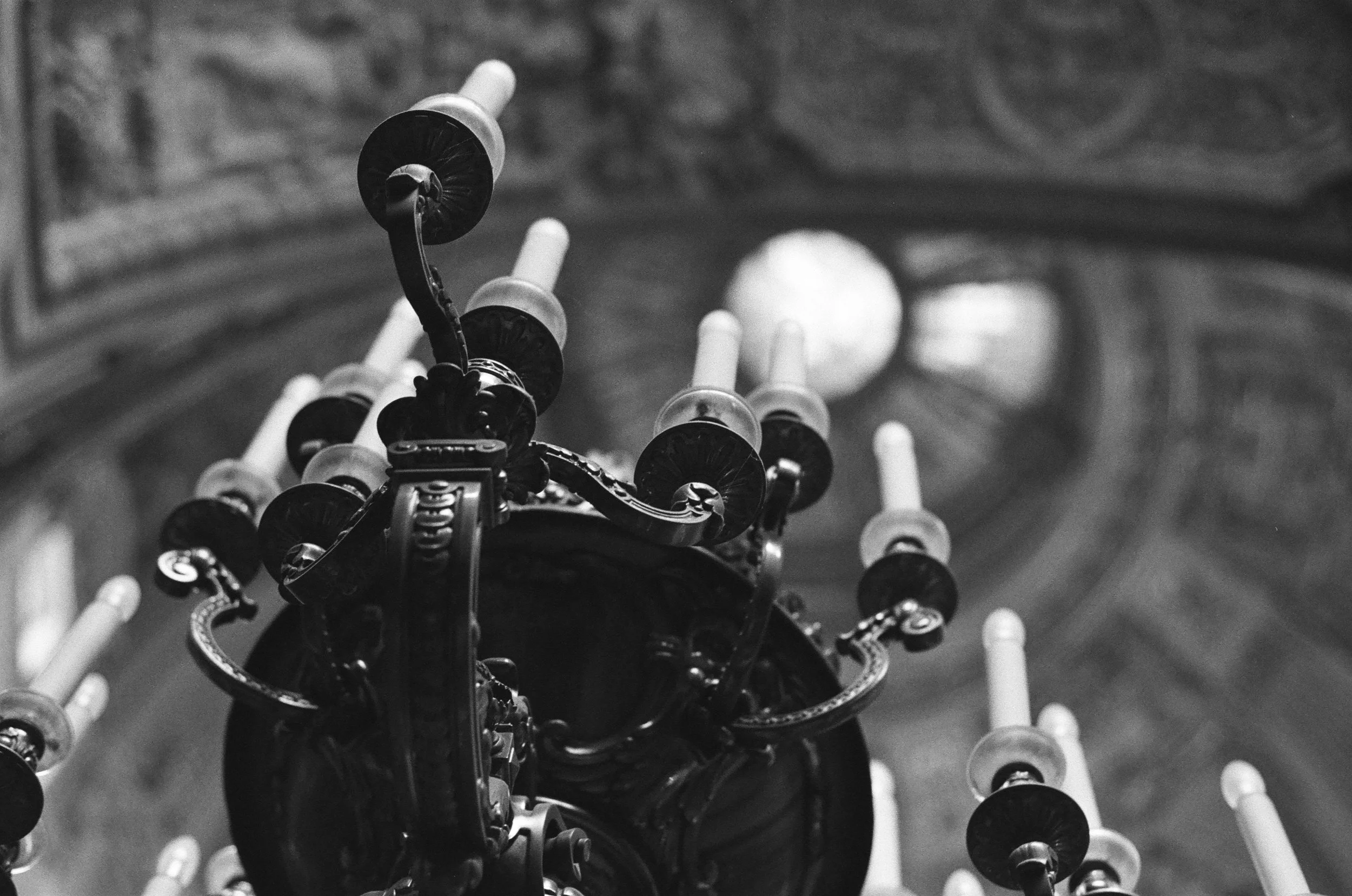 Chandelier inside historic church, black and white fine art photography