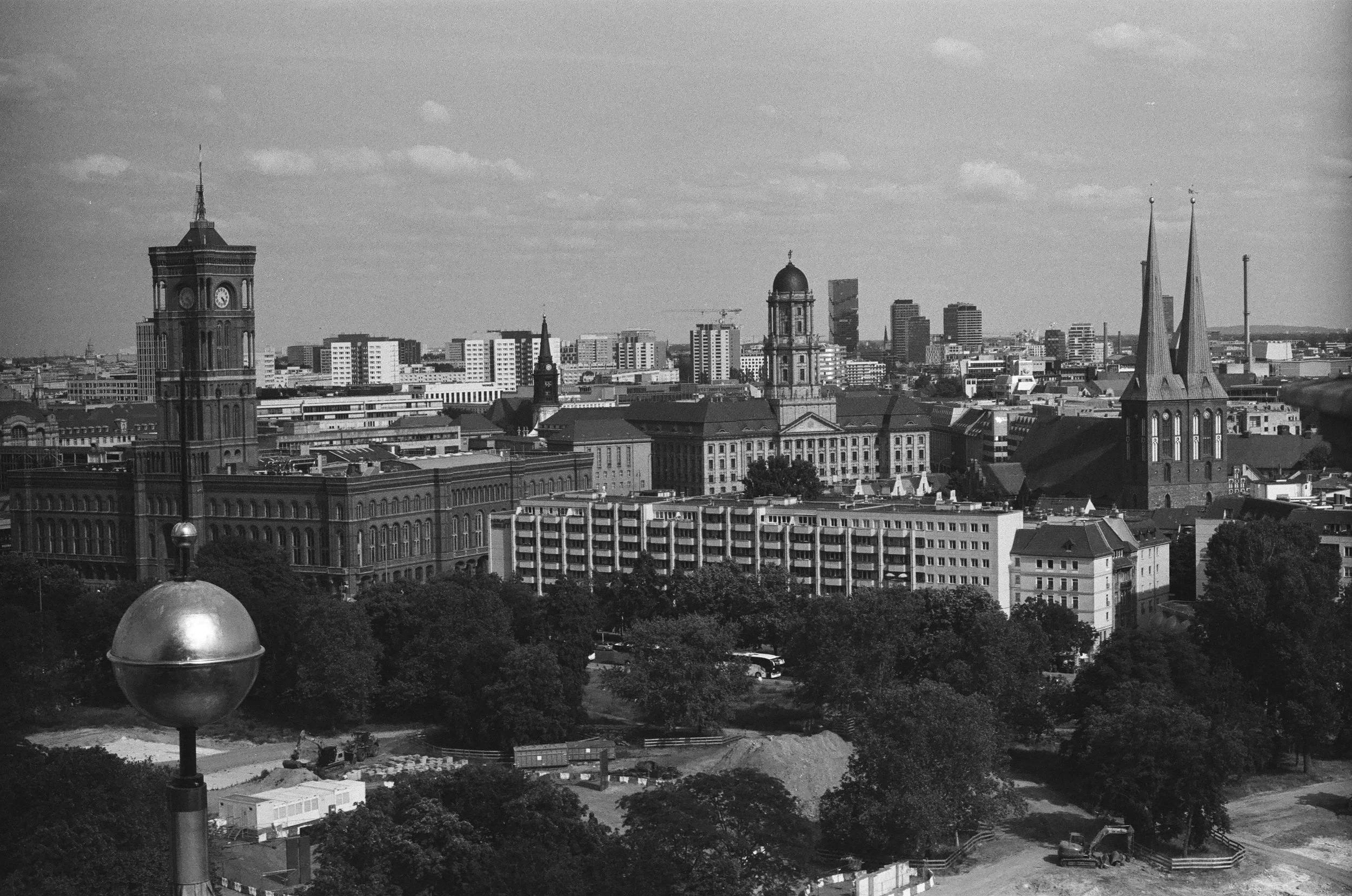 View across central Berlin with the Rotes Rathaus and church towers