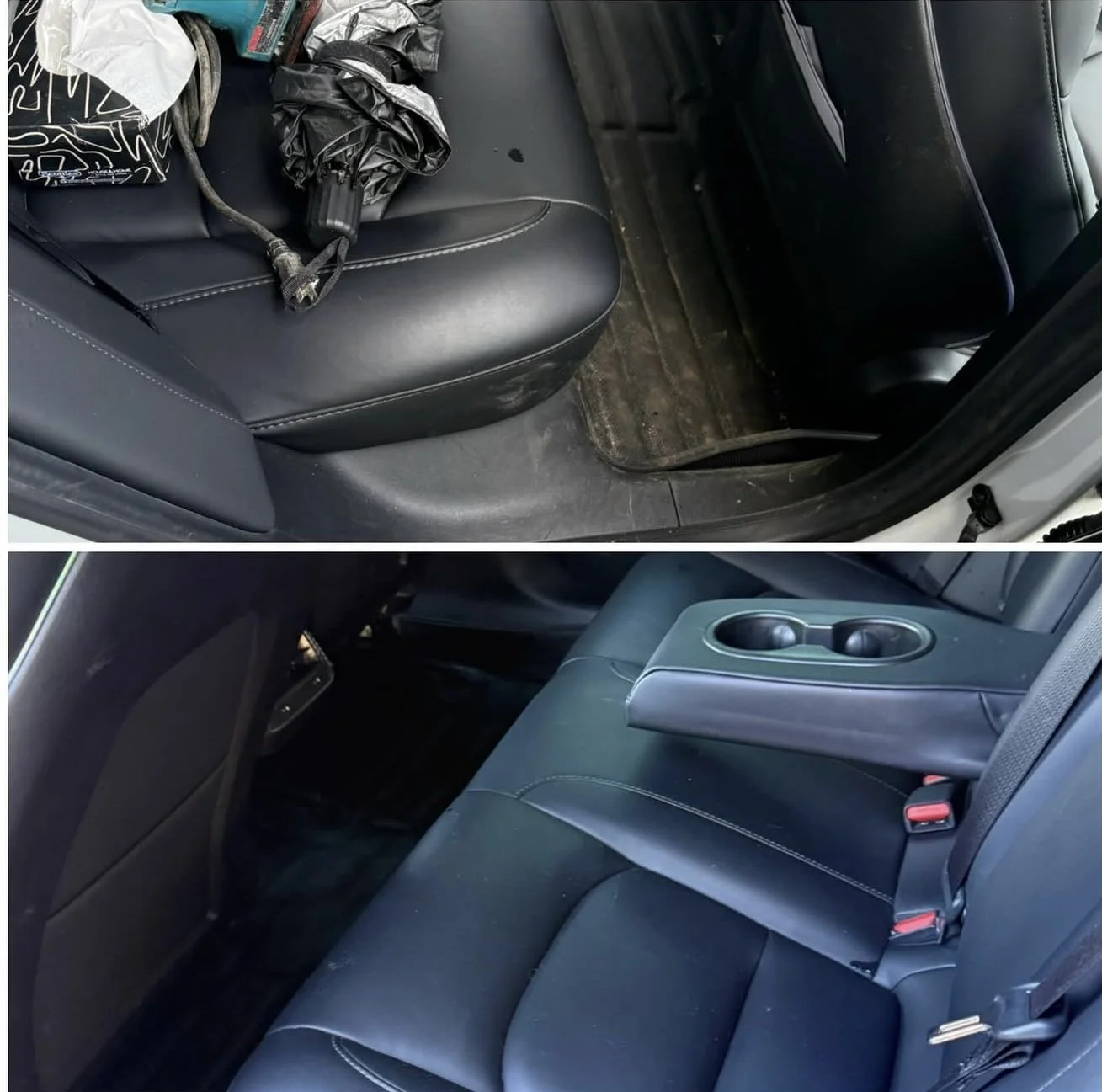 Comparison of car interiors, showing a dirty, cluttered back seat area in the top image and a clean, organized back seat area with a center console in the bottom image.