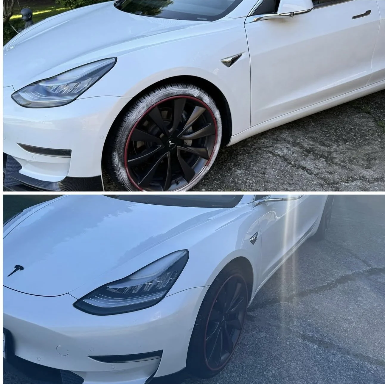 Comparison of a white Tesla Model S before and after wheel cleaning, showing the removal of dirt and grime from the wheels.