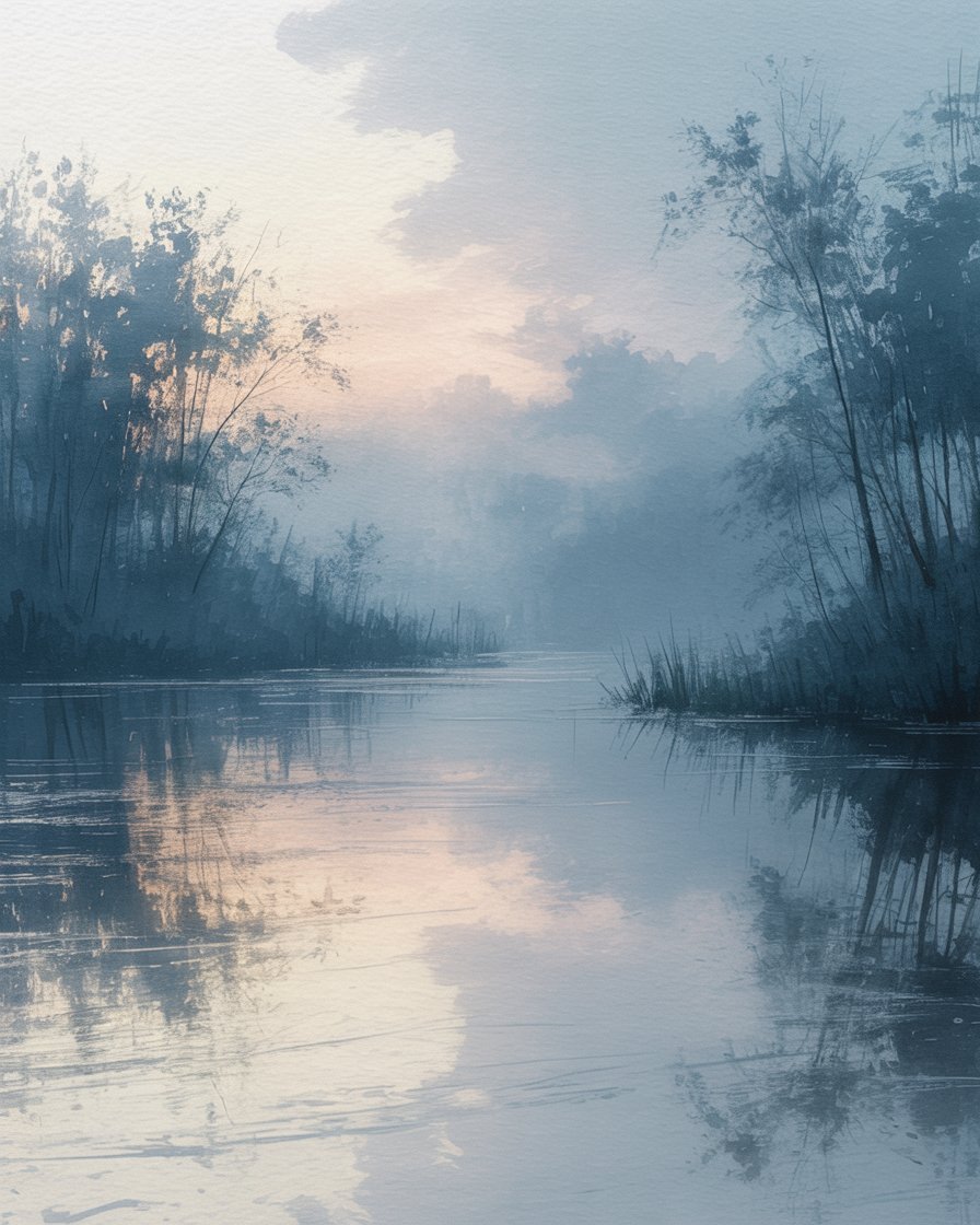 Ein ruhiger Fluss, umgeben von Bäumen, mit einer bewölkten Himmel-Reflexion im Wasser.