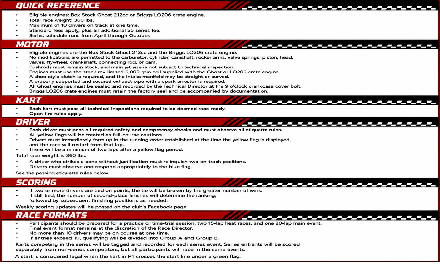 Race car rule sheet with sections for quick reference, motor, kart, driver, scoring, and race formats, featuring red, black, and white design elements.