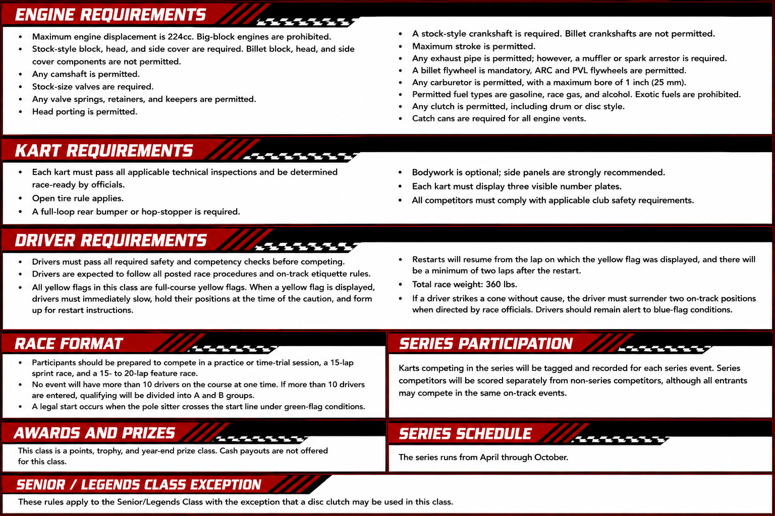 Rules and requirements for go-kart racing, including engine, kart, driver, race format, series participation, awards, and schedule, organized in sections with bold headings and bullet points.