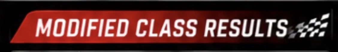 Banner with red and black background, white text reading 'MODIFIED CLASS RESULTS', and checkered flag pattern on the right.