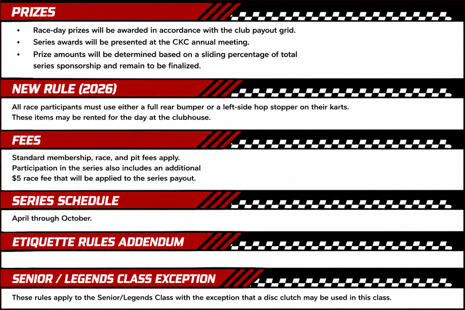A printed document outlining race day rules, prizes, fees, series schedule, etiquette rules, and senior/legends class exception for a racing event, with sections separated by red and black checkered pattern borders.