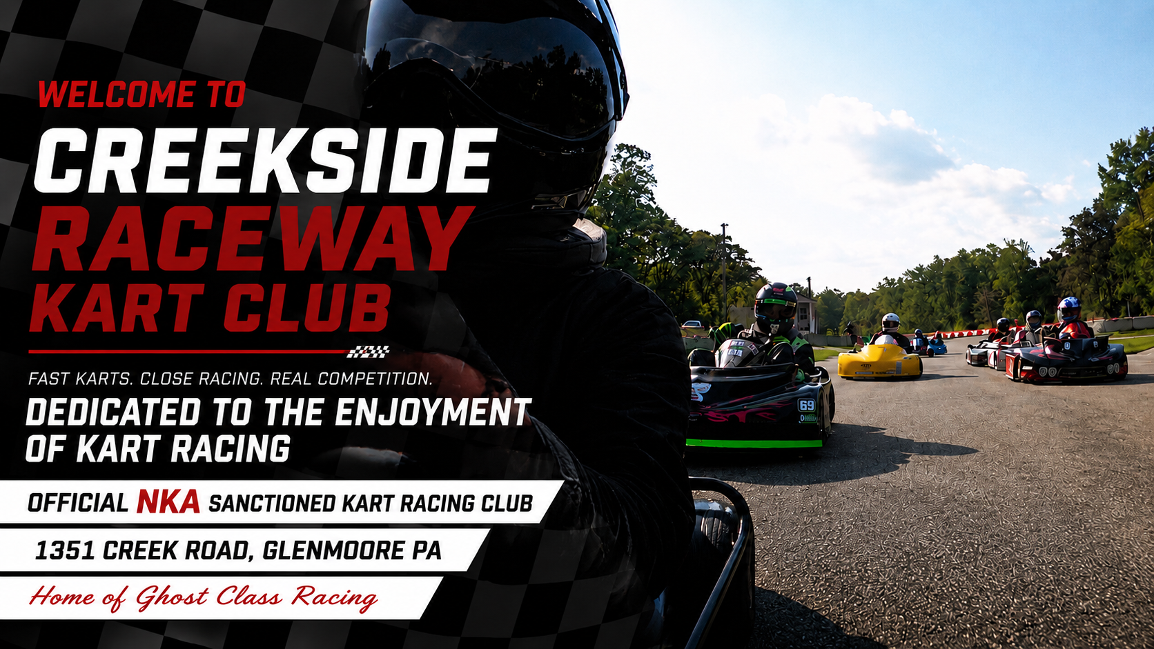 Promotional poster for Creekside Raceway Kart Club featuring a group of go-karts racing on a track with a person in the foreground wearing a black racing helmet and suit. The poster includes text promoting the race club, its location, and its focus on fast, competitive kart racing.