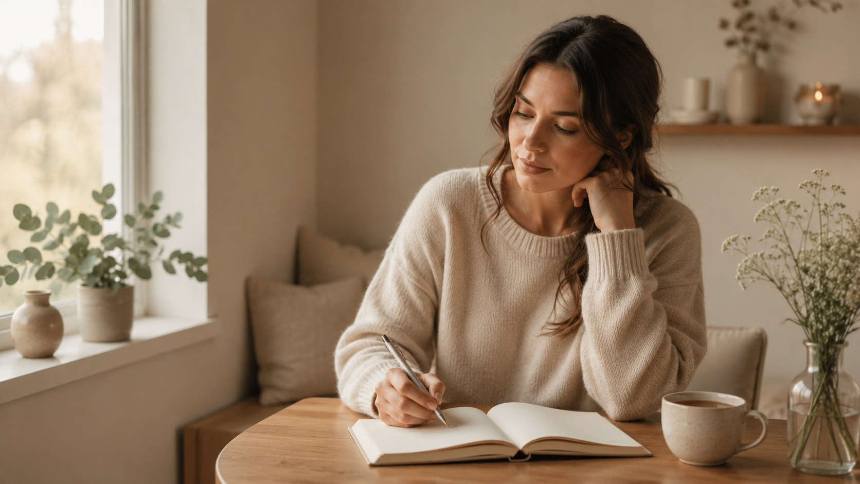 Een vrouw schrijft in een open notebook terwijl ze koffie drinkt, zittend aan een houten tafel in een gezellige, lichte kamer met planten en decoratieve items.