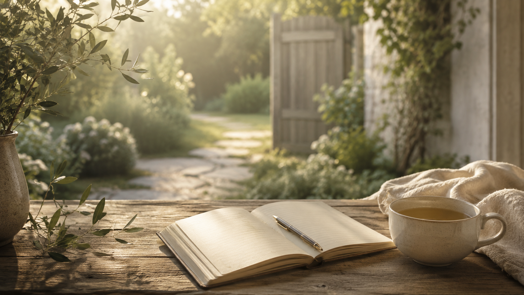 Open notitieboek met thee voor zelfreflectie en bewustwording