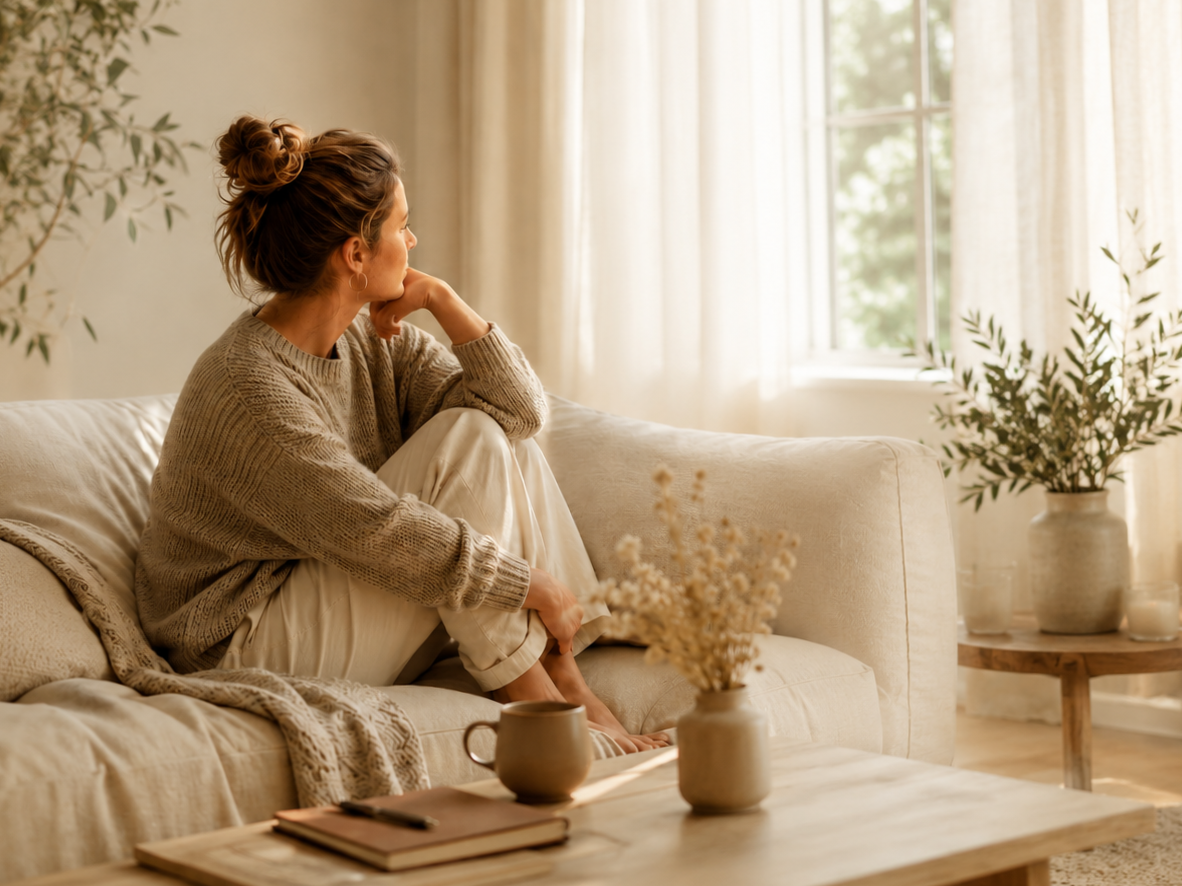 Een vrouw zit op een bank in een woonkamer, naar buiten starend door een raam met gordijnen, met planten in de achtergrond.