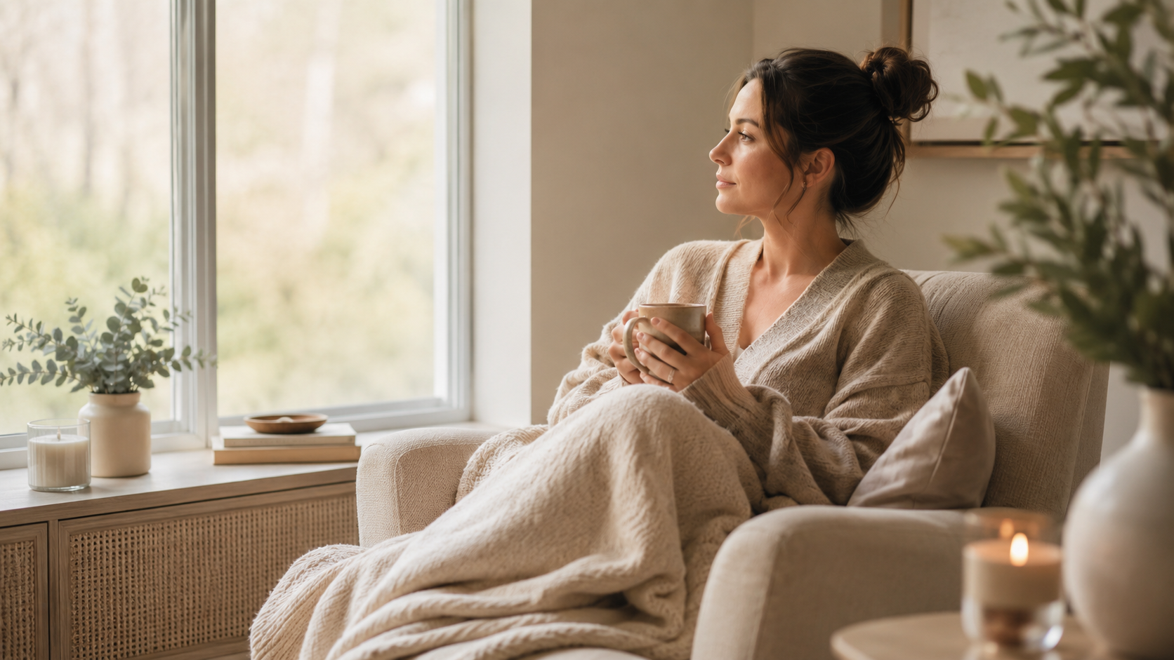 Een vrouw zit comfortabel op een bank bij een raam, ze houdt een kop thee of koffie vast en kijkt naar buiten. De kamer is gezellig ingericht met planten, waxinelichtjes en boeken.