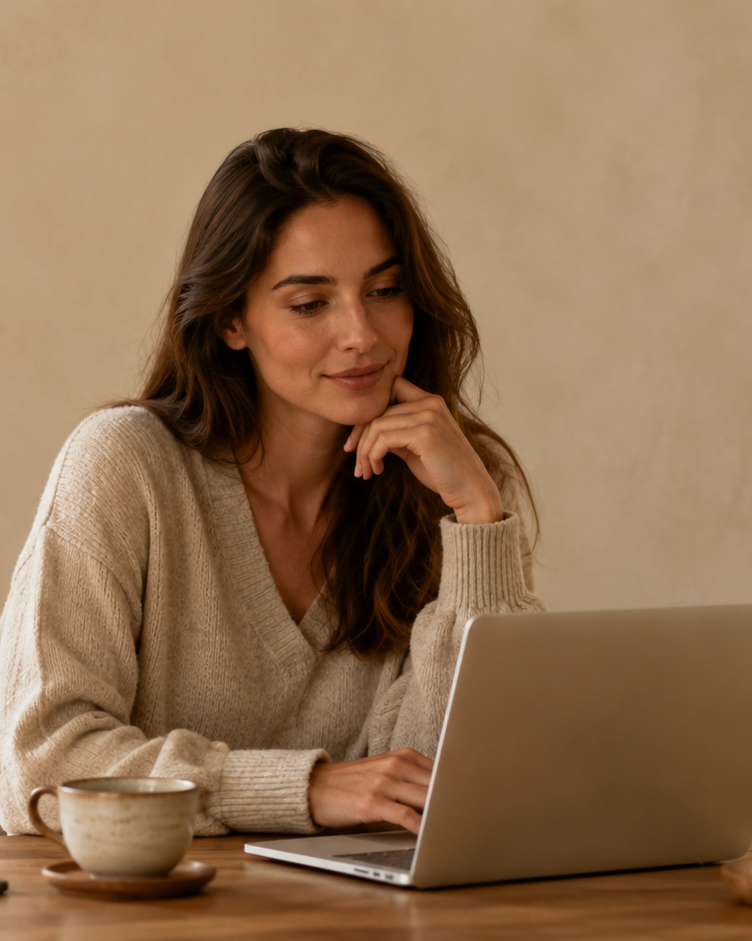 Vrouw zit aan een tafel met een laptop voor zich, drinkt uit een kopje en lijkt te lezen of te werken.