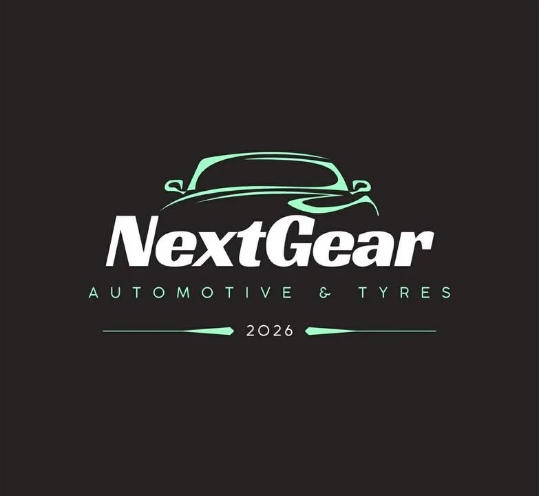 Logo for NextGear Automotive & Tyres, 2026, featuring a stylized car outline above text on a black background.