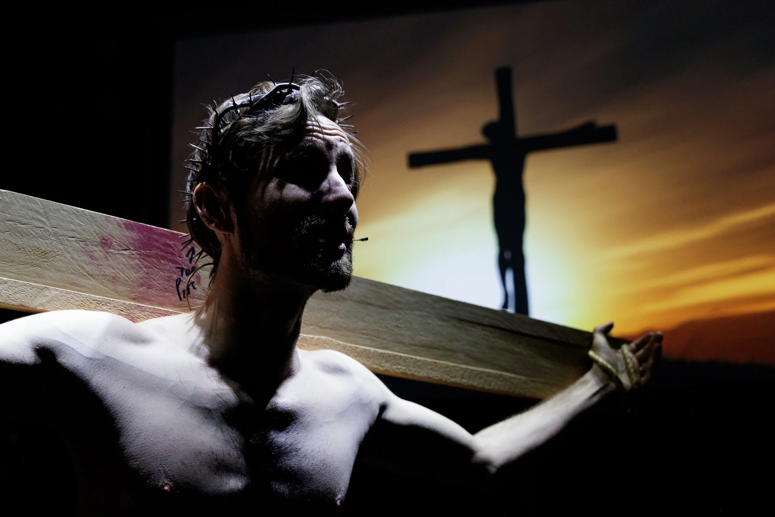 A person with a crown of thorns on their head, holding a wooden cross, with a silhouette of a crucifix in the background.