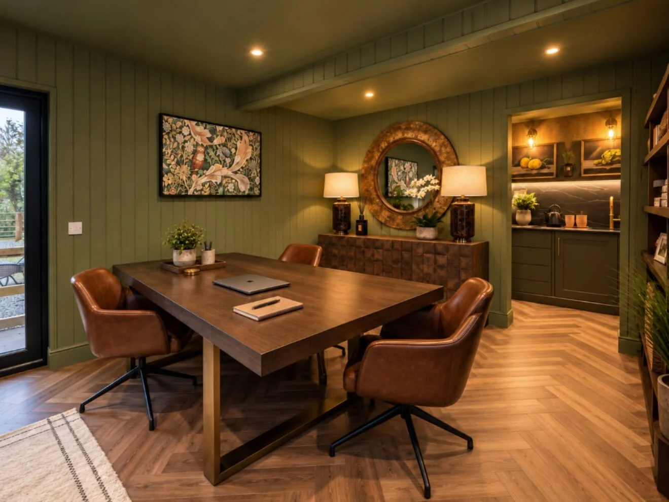 SANNA Design Studio meeting room at The Oaks, Moneydie, near Perth, with green panelled walls and walnut table